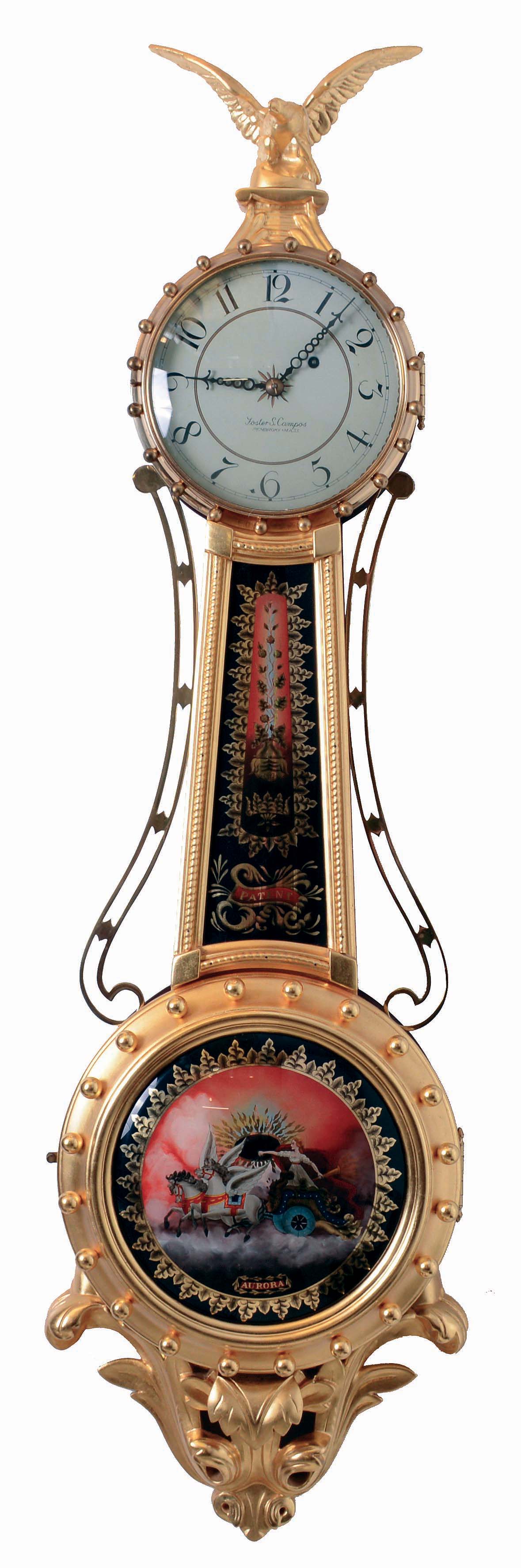 Foster S. Campos, Pembroke, Mass., 8 days, weight driven brass movement Girandole wall timepiece in a mahogany case with gold leafed front, painted metal dial and reverse painted convex throat and lower tablets, marked No. 3 and dated 1995 — Antique Clocks Price Guide
