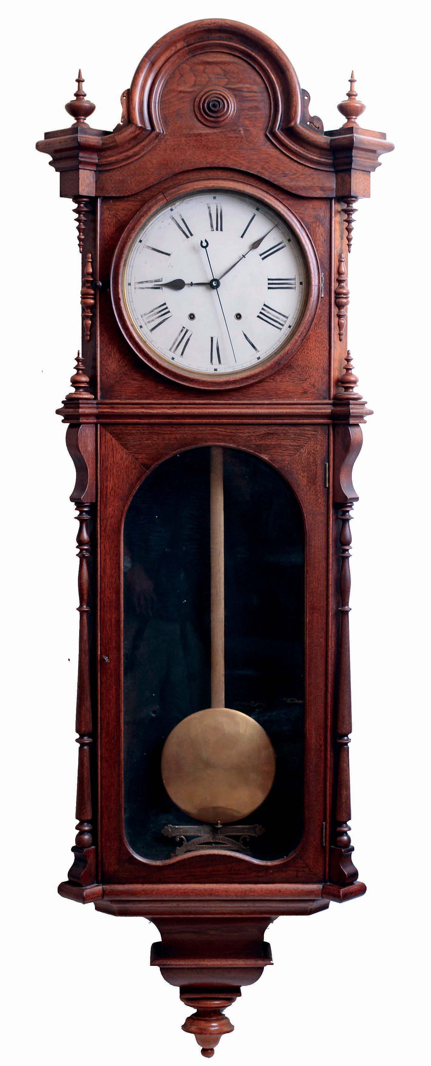 Welch, Spring, & Co., Forestville, Conn., "Regulator No. 1" wall clock, 8 days, time only double brass weight driven movement in a walnut case with a painted metal dial and black flocked backboard, c1880 — Antique Clocks Price Guide