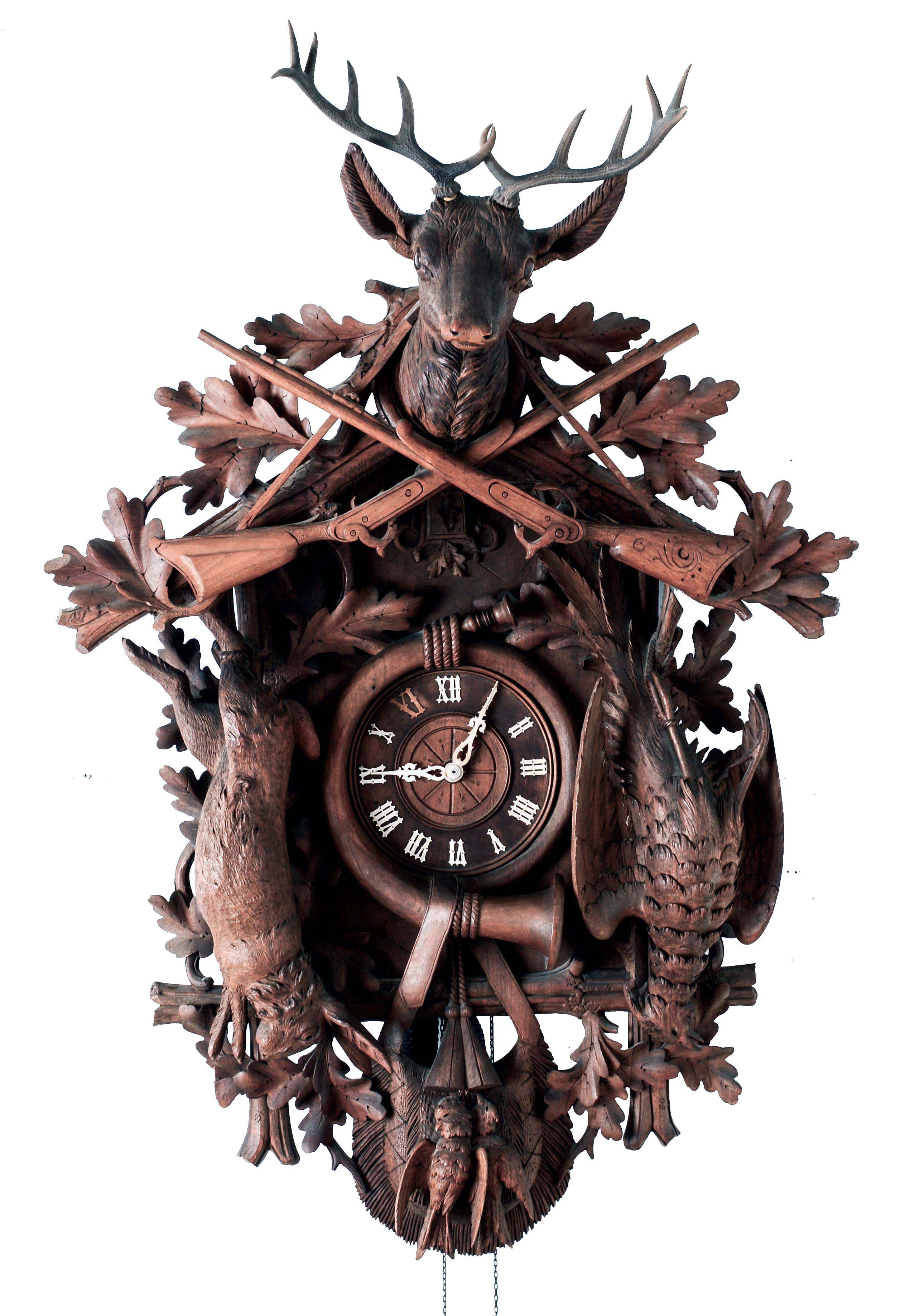 Germany, Black Forest, 56" oversize cuckoo clock, 30 hours, time and strike, with cuckoo on half hour, weight driven movement in a highly detailed Hunter motif carved case with game animals, pouch, horn and deer crest, c1920 — Antique Clocks Price Guide