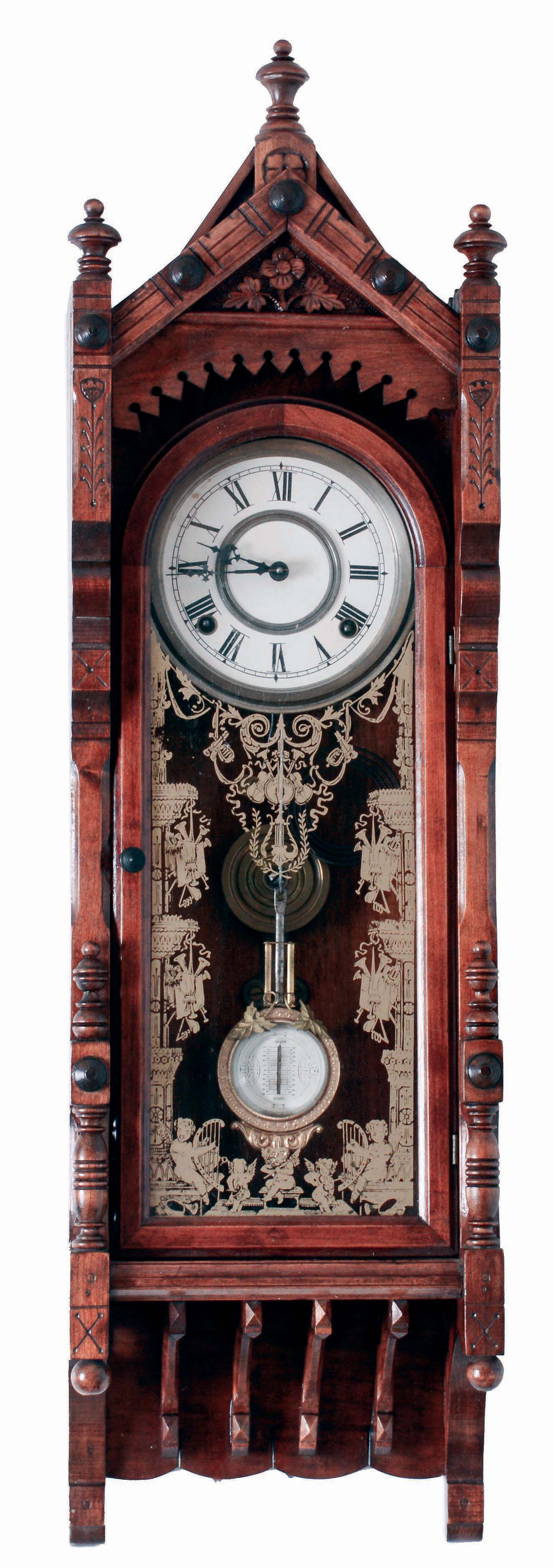 F. Kroeber & Co., New York, NY, "Regulator No. 46" wall clock, 8 days, time and strike, spring driven movement with fancy beveled glass pendulum in an ash case with a papered metal dial, silk screened lower glass, c1884 — Antique Clocks Price Guide