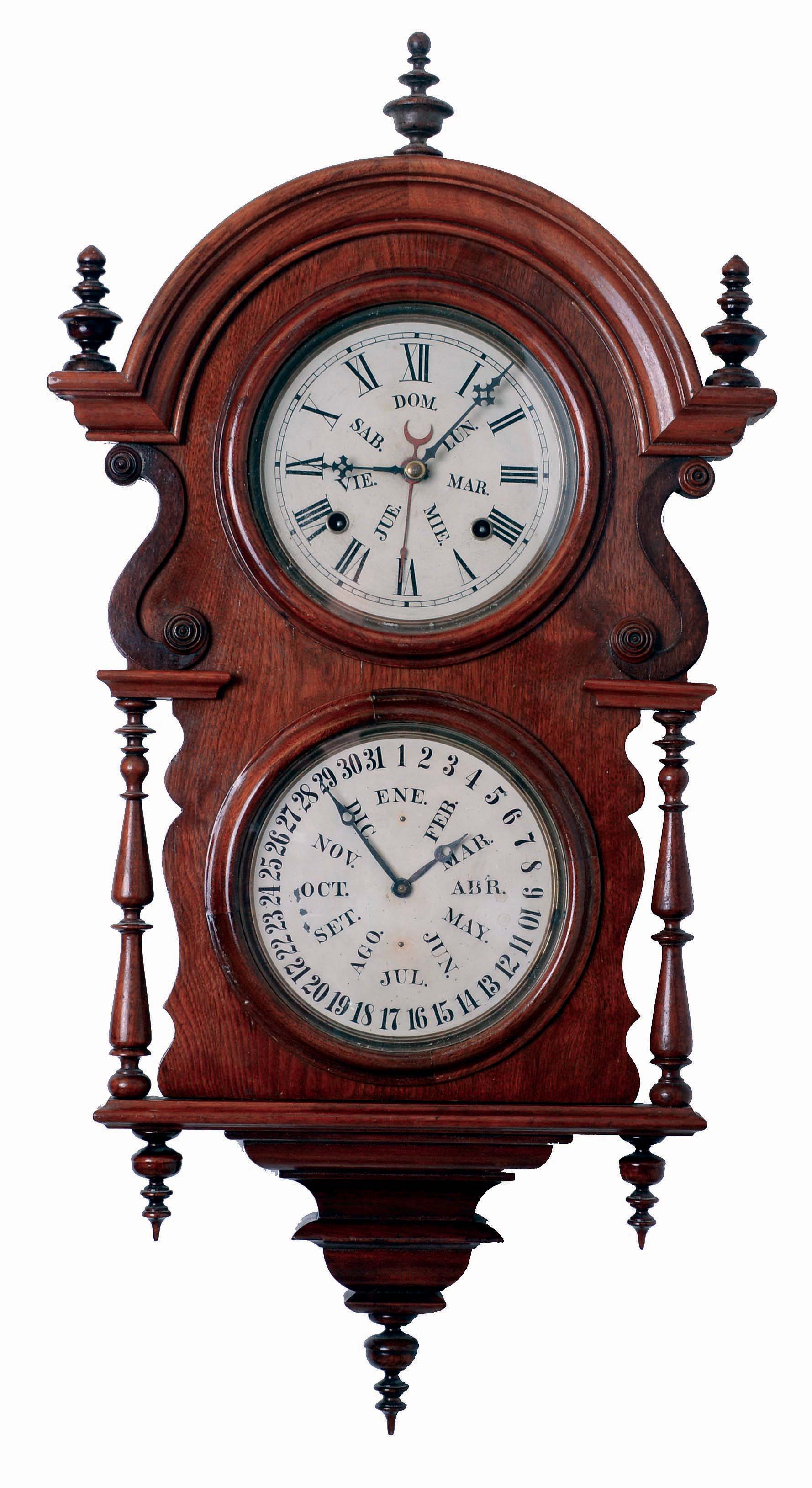 Welch, Spring, & Co., Bristol, Conn., "Hanging Wagner", wall clock, 8 days, time and B.B. Lewis calendar, spring driven movement in a walnut case with a painted metal dial, c1878. — Antique Clocks Price Guide