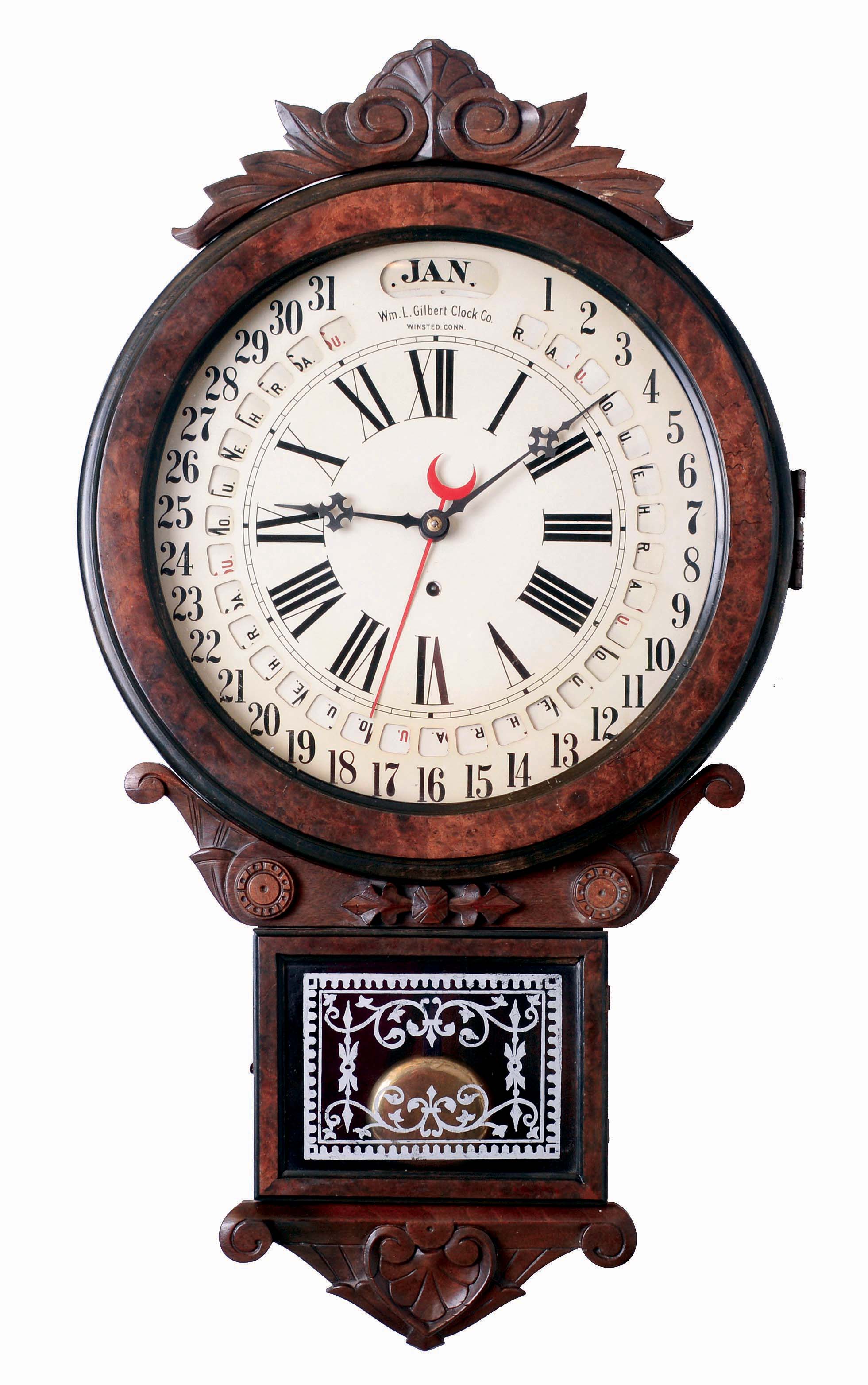 Wm. L. Gilbert Clock Co., Winsted, Conn., "Office Drop Calendar", wall clock, 8 days, time and calendar, spring driven movement in a walnut case with burled highlights with a painted zinc dial and silk screened lower tablet, c1885 — Antique Clocks Price Guide