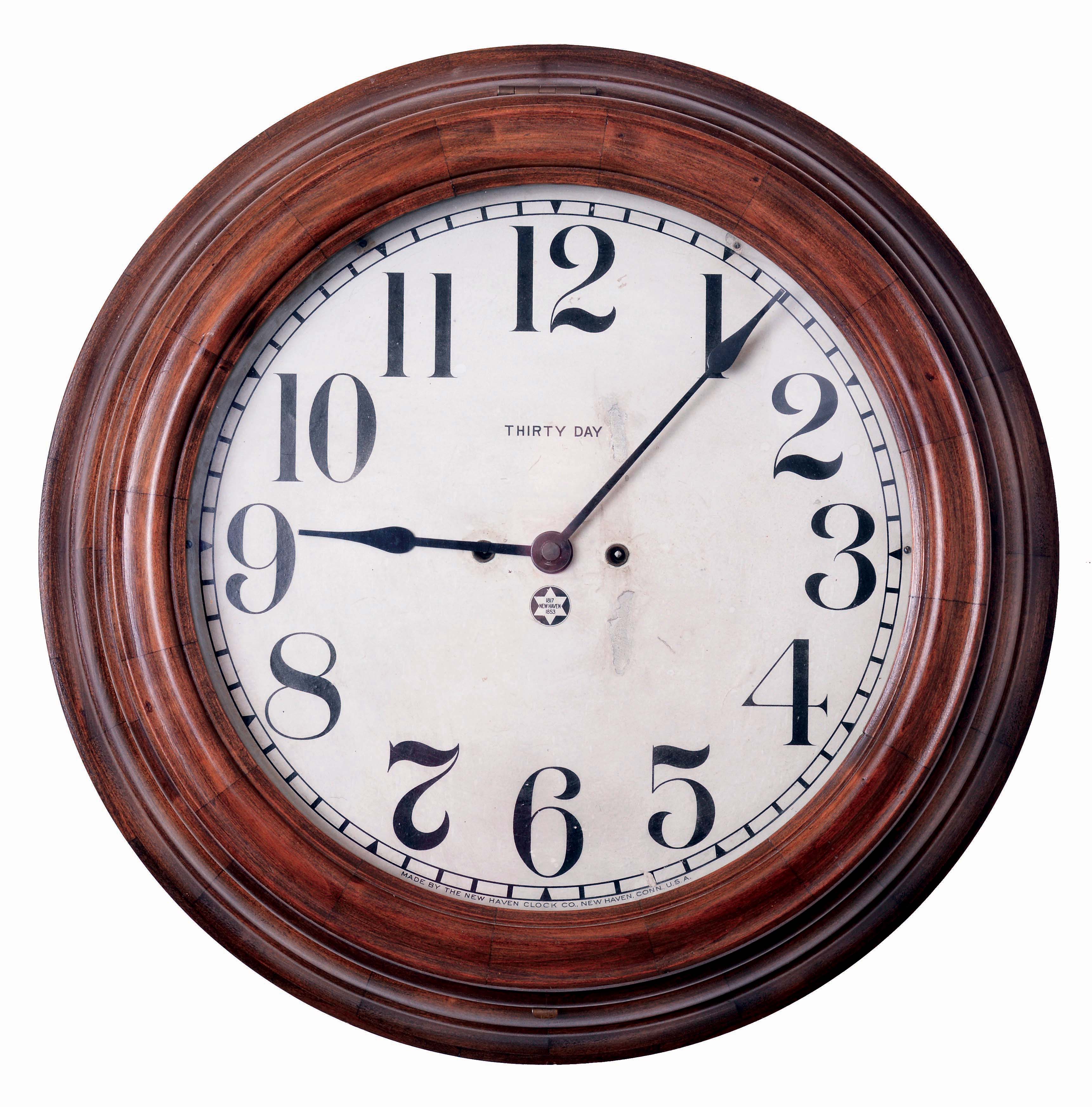 New Haven Clock Co., New Haven, Conn., "14" Gallery", wall clock, 30 days, time only, spring driven movement in a hardwood case with walnut finish with a papered metal dial, c1910. — Antique Clocks Price Guide