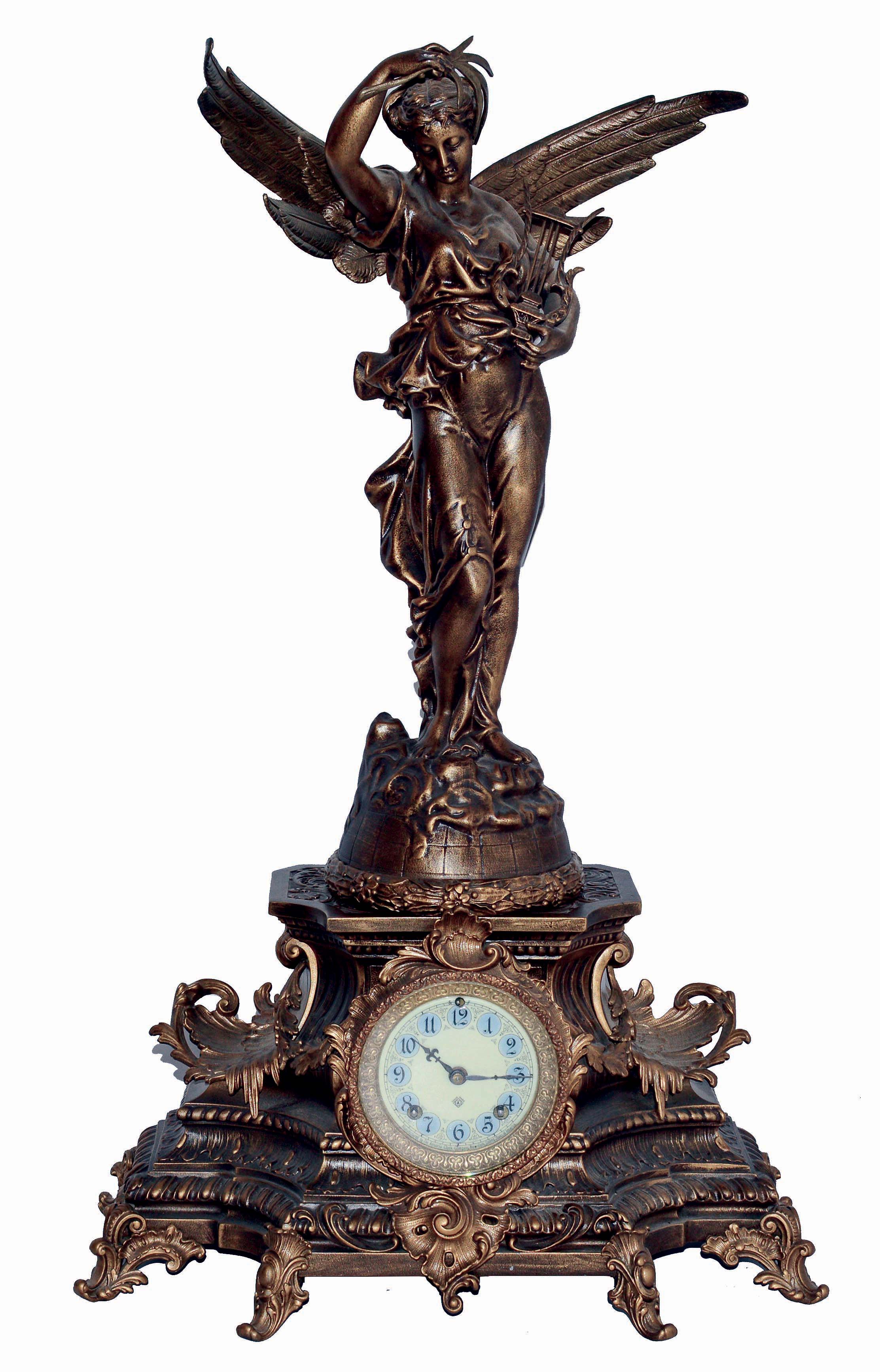Ansonia Clock Co., New York, NY, "Gloria" cast spelter winged figural on "Undine" base, multicolor signed enamel dial, c1904 — Antique Clocks Price Guide