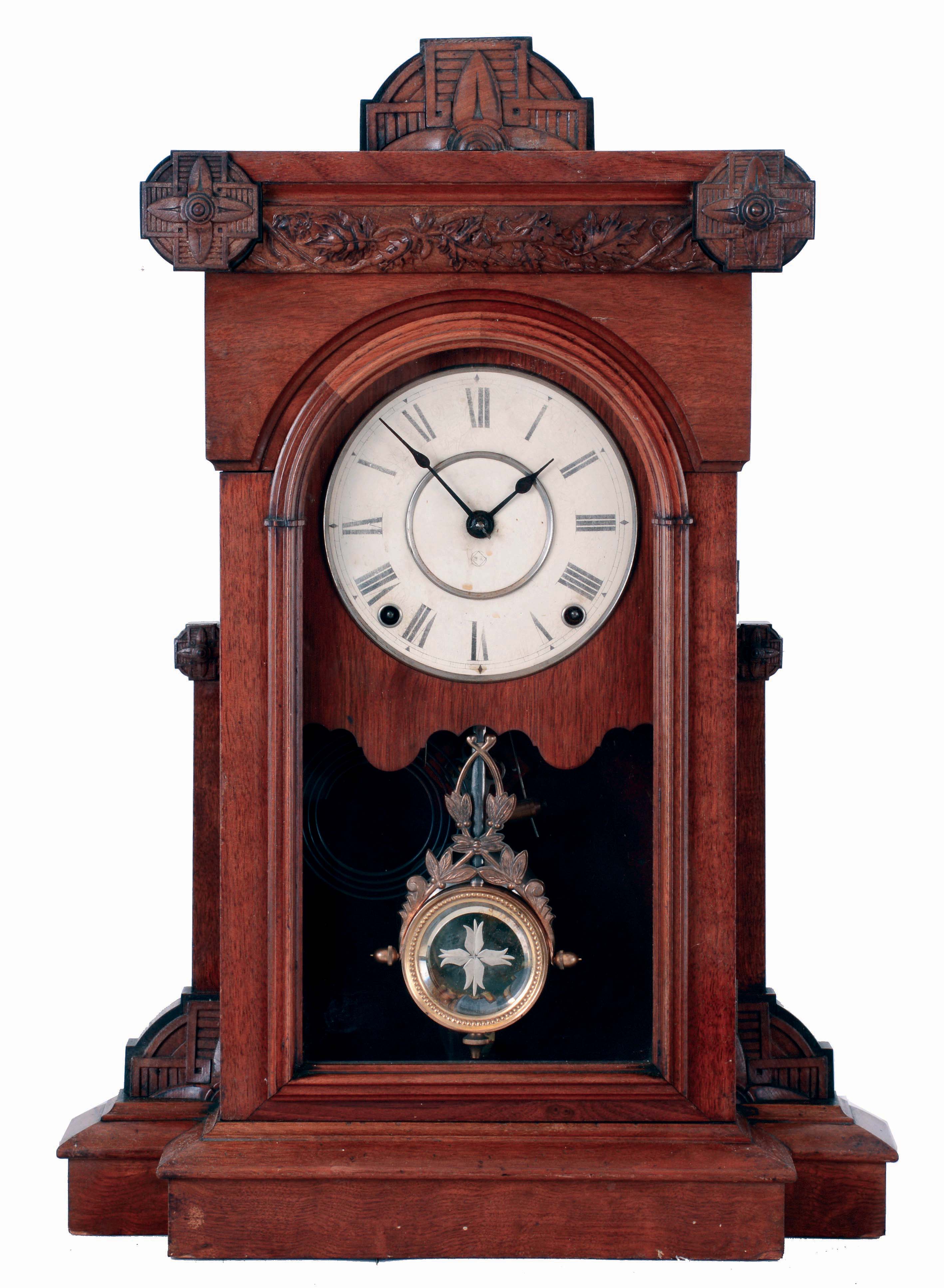 Seth Thomas Clock Co., Thomaston, Conn., "Pittsburgh" walnut mantel clock with a spring driven, 8 days, time and strike lyre movement, c1879. — Antique Clocks Price Guide