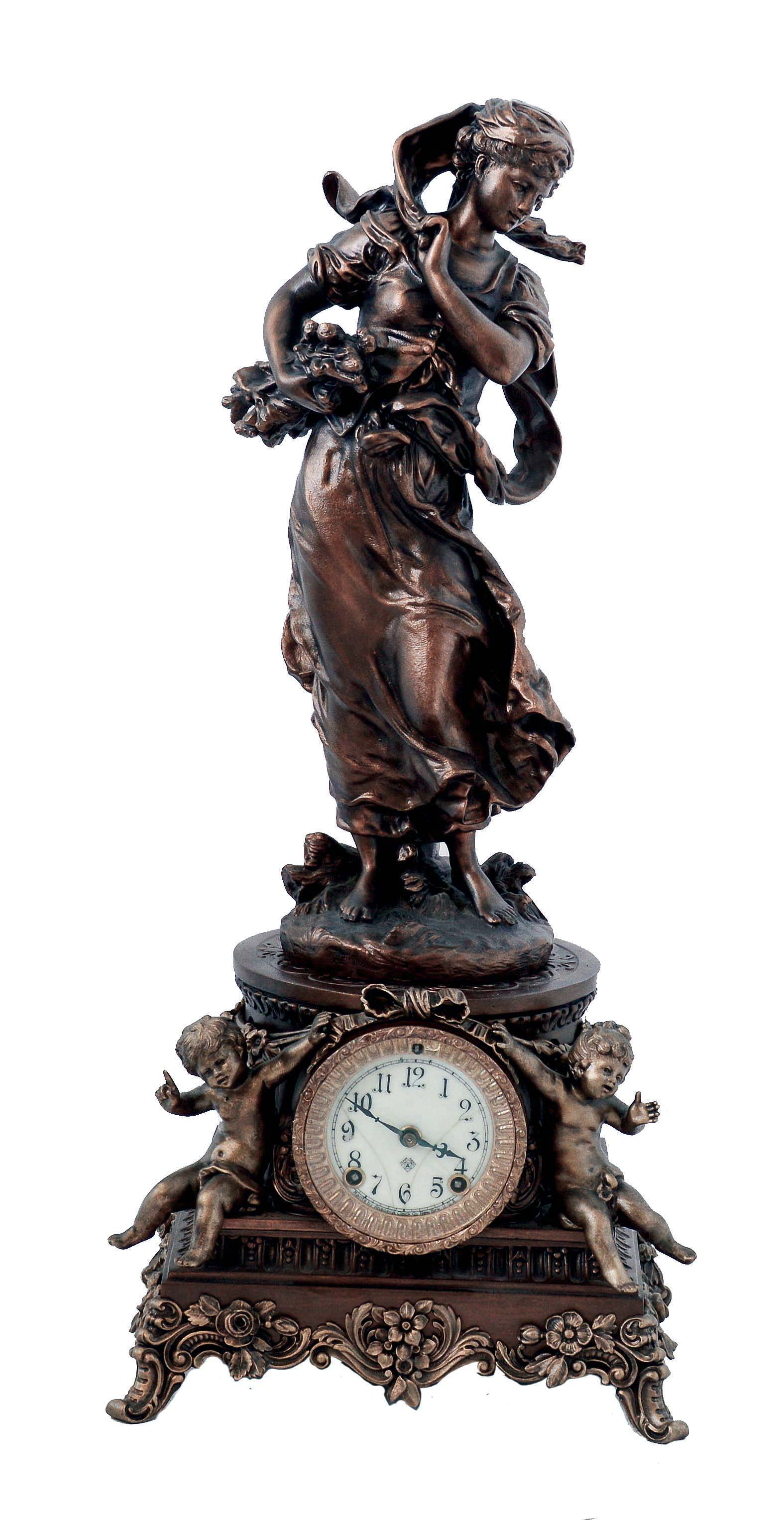 Ansonia Clock Co., New York, NY, "Sibyl and Winter" bronzed cast spelter figural, 8 days, time and strike mantel clock, c1904 — Antique Clocks Price Guide