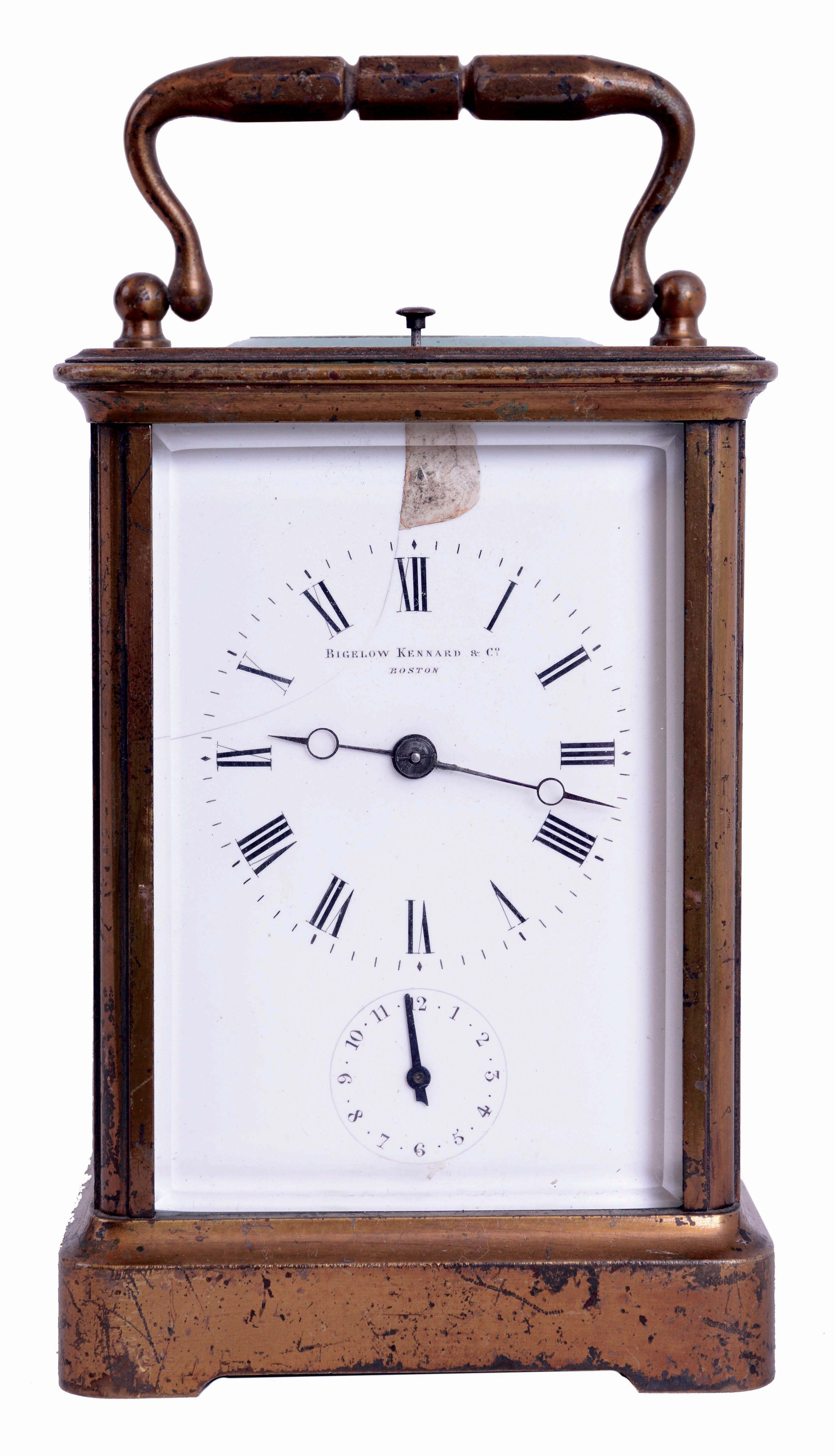 France, for Bigelow, Kennard, & Co., Boston, Mass., hour repeating carriage clock with alarm, gilt Corniche case with bevelled glasses, Roman numeral white enamel dial with with Arabic chapter alarm, blued steel Breguet style hands, 8 days, time, strike and alarm movement with lever platform, repeating the last hour on demand, c1890 and a Waltham 8 days car clock in leather travel case — Antique Clocks Price Guide