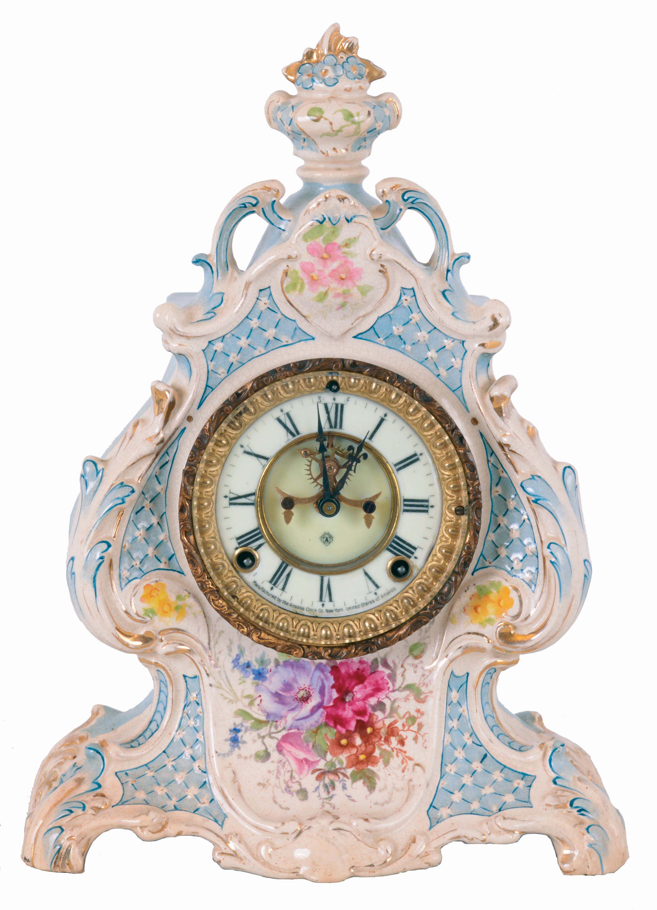 Ansonia Clock Co., New York, NY, "La Noire", 8 days, time and strike, spring driven brass movement porcelain case shelf clock, c1904. — Antique Clocks Price Guide
