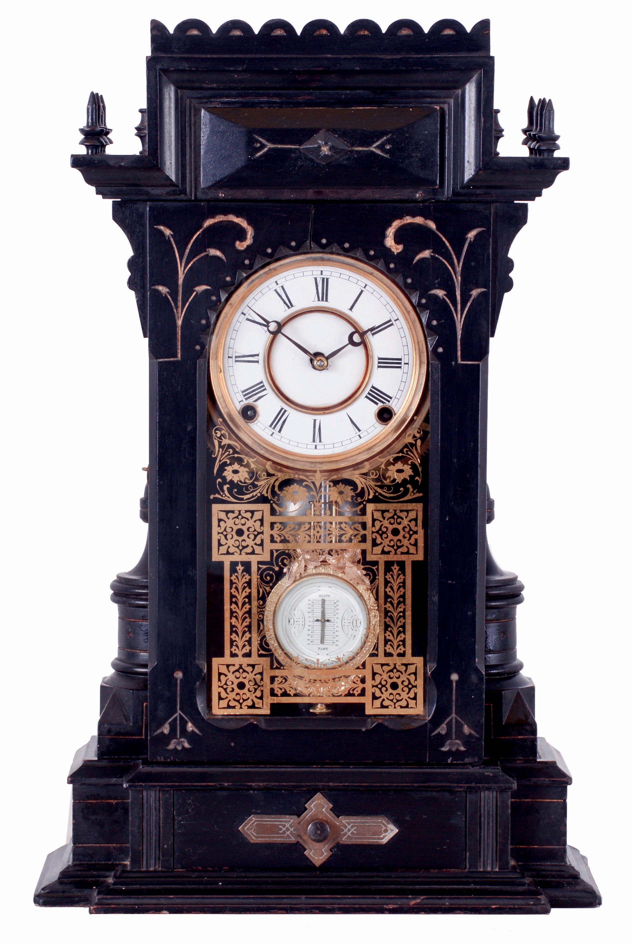 F. Kroeber & Co., New York, NY, "Lehigh" mantel clock, with an ebony finish with gilt inlay and an 8 days, spring driven movement, c1881. — Antique Clocks Price Guide