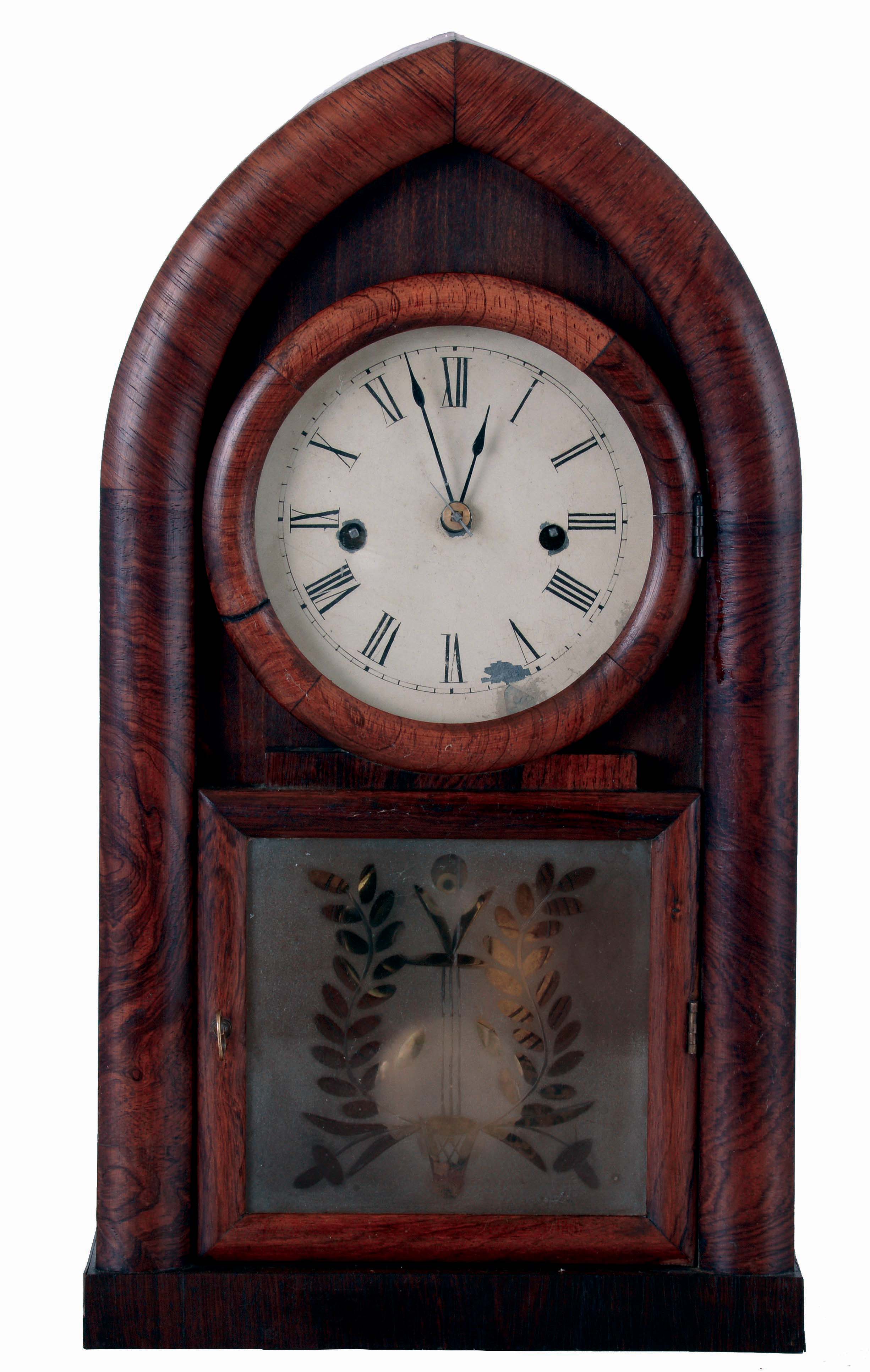 Chauncey Jerome, New Haven, Conn., 8 days, time and strike, spring driven brass fusee movement round gothic or beehive shelf clock, c1848 — Antique Clocks Price Guide