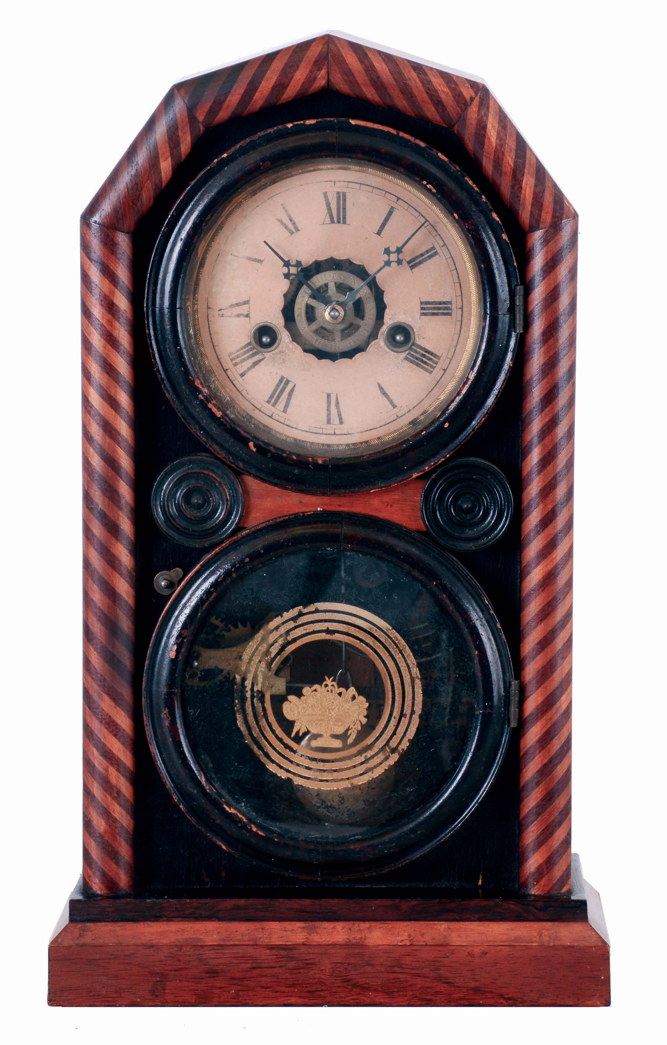 E. Ingraham & Co., Bristol, Conn., "Octagon Doric, Mosaic" mantel clock with a 30 hours, spring driven, time, strike and alarm movement, c1874. — Antique Clocks Price Guide