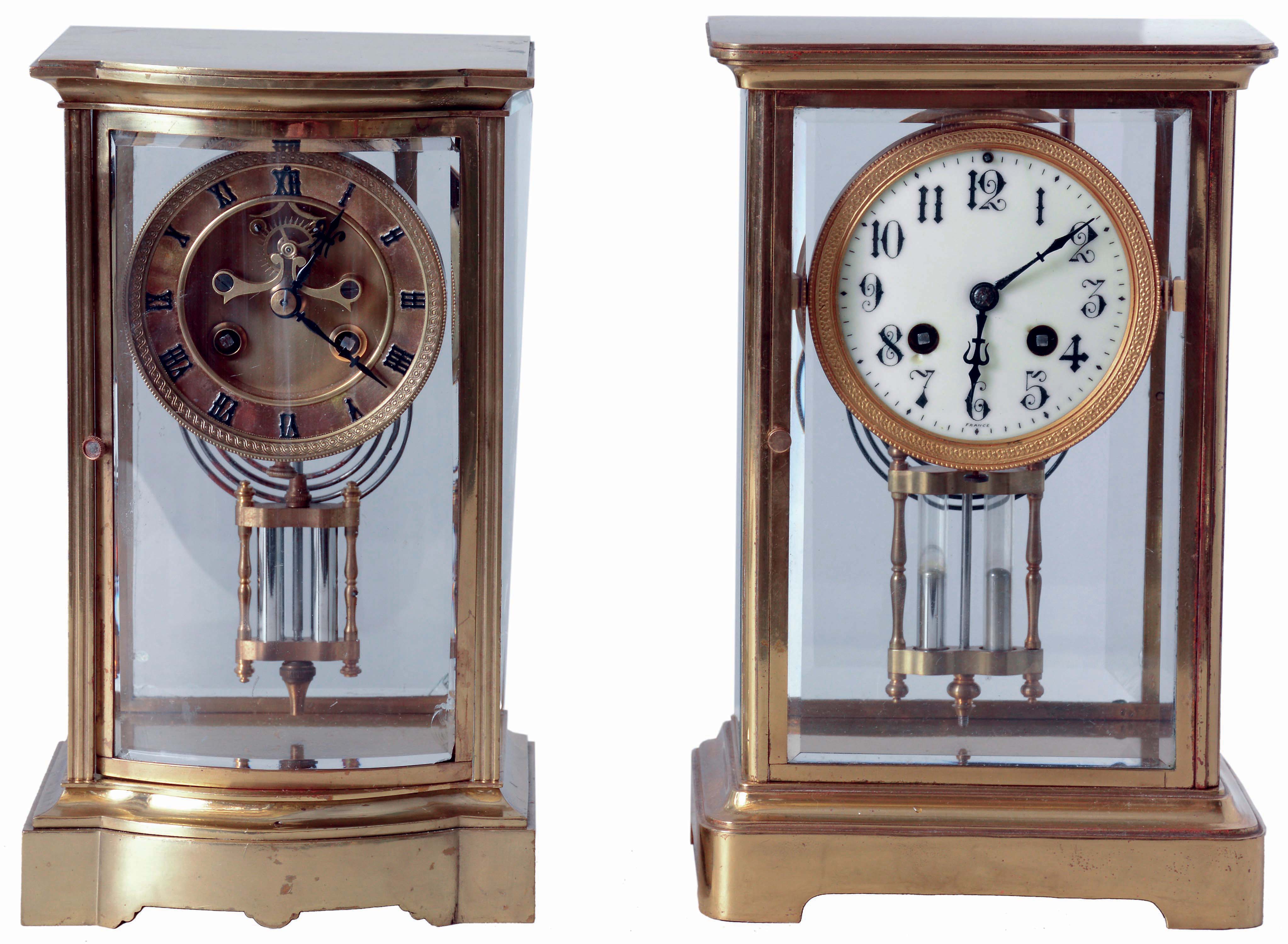 Clocks- 2 (Two): French, Japy Freres, 8 days, time and strike, spring driven brass movement crystal regulator mantel clock. (2) French, Marti & Cie, 8 days, time and strike, spring driven brass movement crystal regulator mantel clock. — Antique Clocks Price Guide