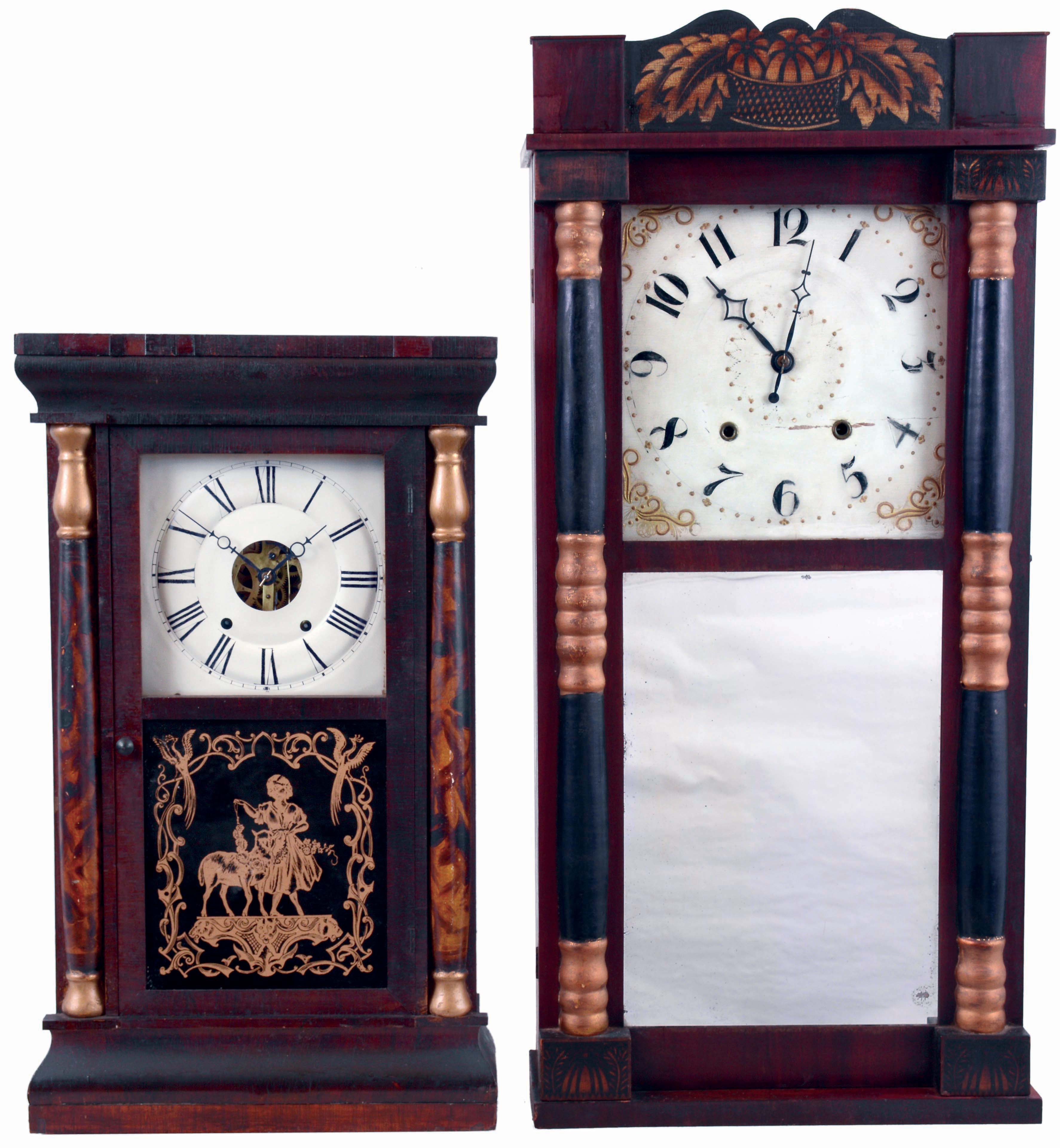 Clocks- 2 (Two): (1) Seth Thomas Clock Co., Thomaston, Conn "Shell Column" shelf clock in a rosewood and mahogany veneered case with a weight driven, 8 days, time and strike brass movement, c1870. (2) Austin Chittenden Lexington, Mass., Gilt capped Column and Stencilled Splat shelf clock in a mahogany veneered case with a weight driven, 30 hours, time and strike wood movement, c1838. — Antique Clocks Price Guide