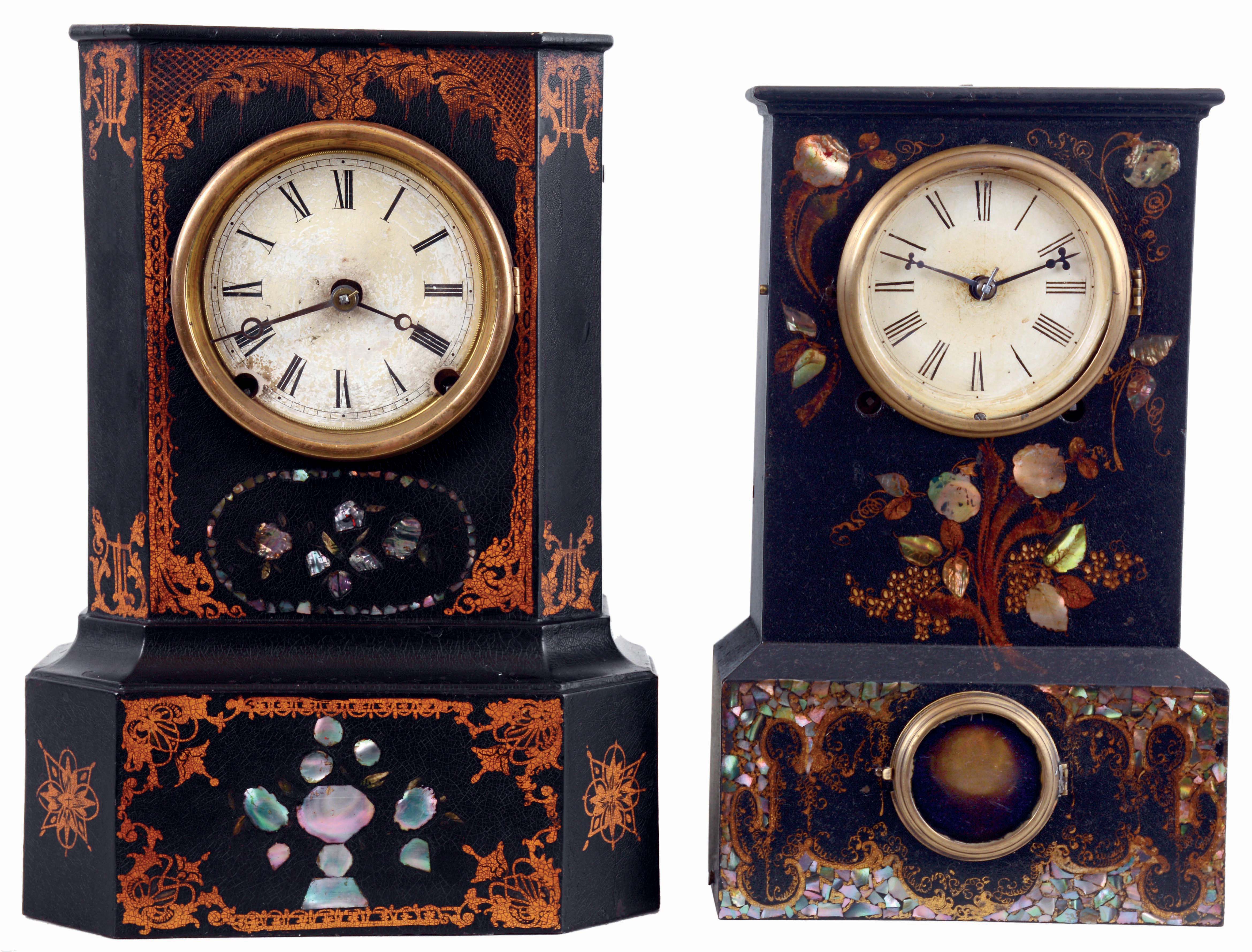 Clocks- 2 (Two): (1) New England Clock Co., Bristol, Conn., iron case mantel clock with gilt design and mother of pearl inlay with a spring driven, 8 days, time and strike movement, c1851. (2) Terry & Andrews, Ansonia Conn., iron case mantel clock with gilt and mother of pearl design and a spring driven, 8 days, time and strike, lyre movement, c1851. — Antique Clocks Price Guide