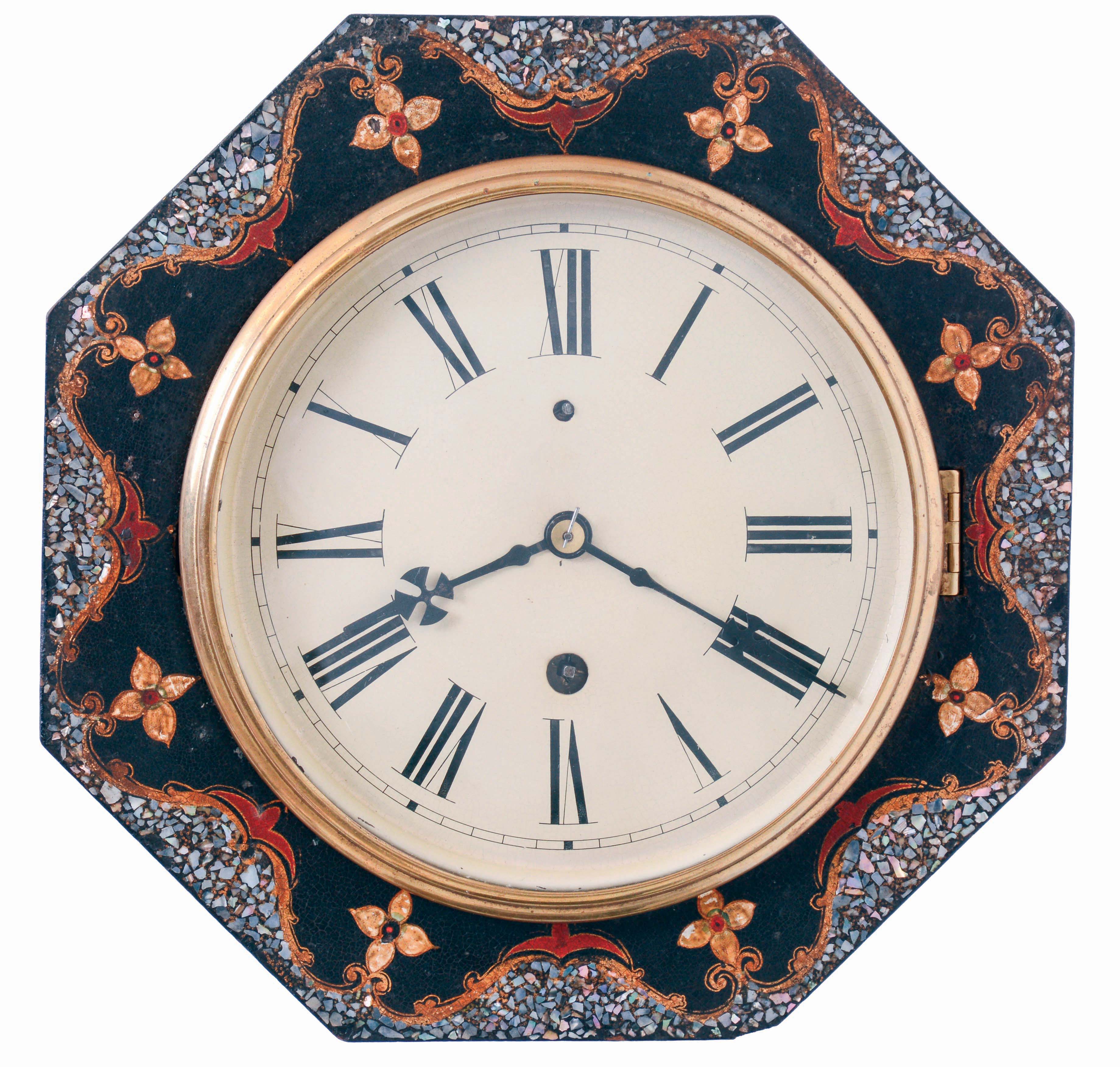 Litchfield Manufacturing Company. Litchfield, Conn. gallery wall clock with a paper mache case with M.O.P. inlay and a spring driven, 8 days timepiece movement, c1852. — Antique Clocks Price Guide