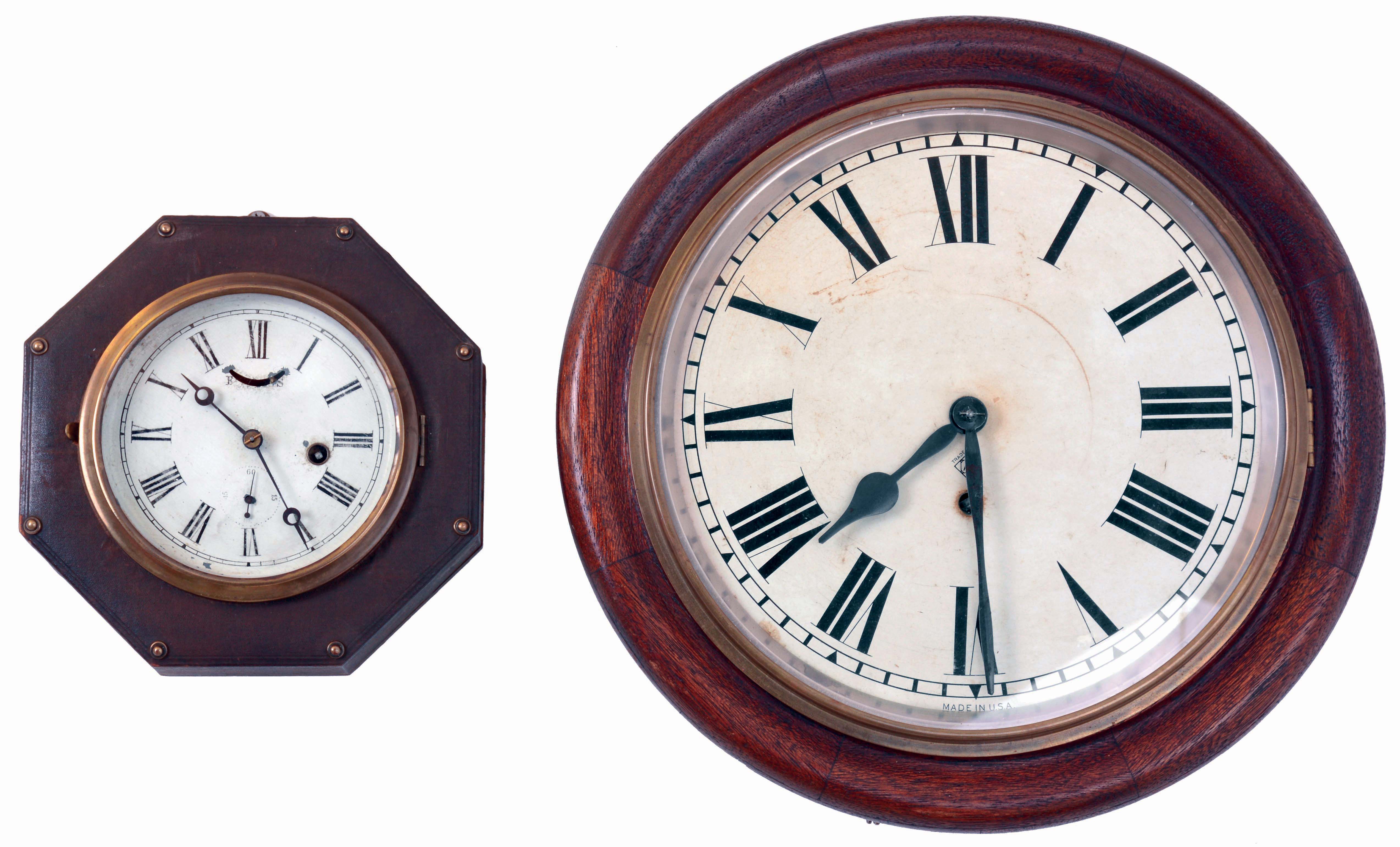 Clocks- 2 (Two): S. B. Jerome & Co., New Haven, Conn., 30 hours spring driven brass lever movement octagon wall timepiece, c1875. (2) Ansonia Clock Co., Ansonia, Conn., 8 days spring driven brass movement gallery timepiece, c1900. — Antique Clocks Price Guide
