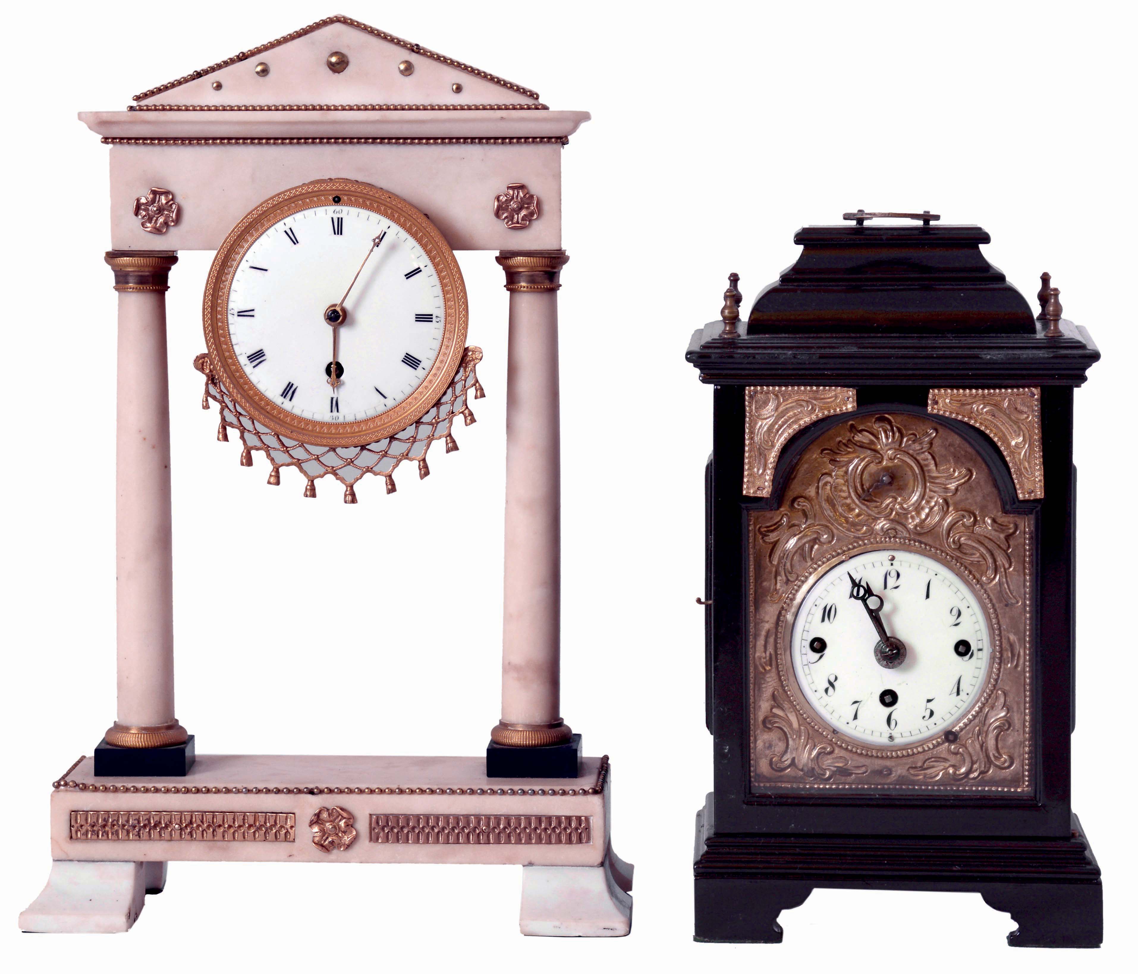 Clocks- 2 (Two): A small three train Austrian bracket clock, 2 day, in ebonized wooden case, Arabic numeral white enamel dial with repousse brass surround, quarter striking brass movement with verge escapement and alarm, c1800, and a French alabaster mantel clock of architectural form, Roman numeral white enamel dial with gilt hands, 8 days timepiece movement with silk thread suspension, c1790 — Antique Clocks Price Guide
