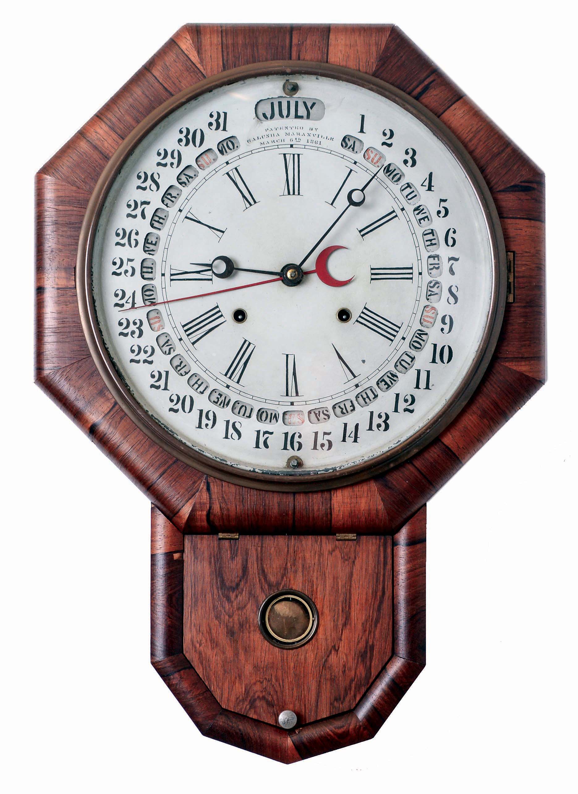 Gilbert Manufacturing Co., Winsted, Conn., "Maranville Calendar Clock " 8 days, time and strike spring driven brass movement drop octagon calendar wall clock, c1865 Label states the clock was made for N. C. Hyde & Co., by Gilbert. — Antique Clocks Price Guide