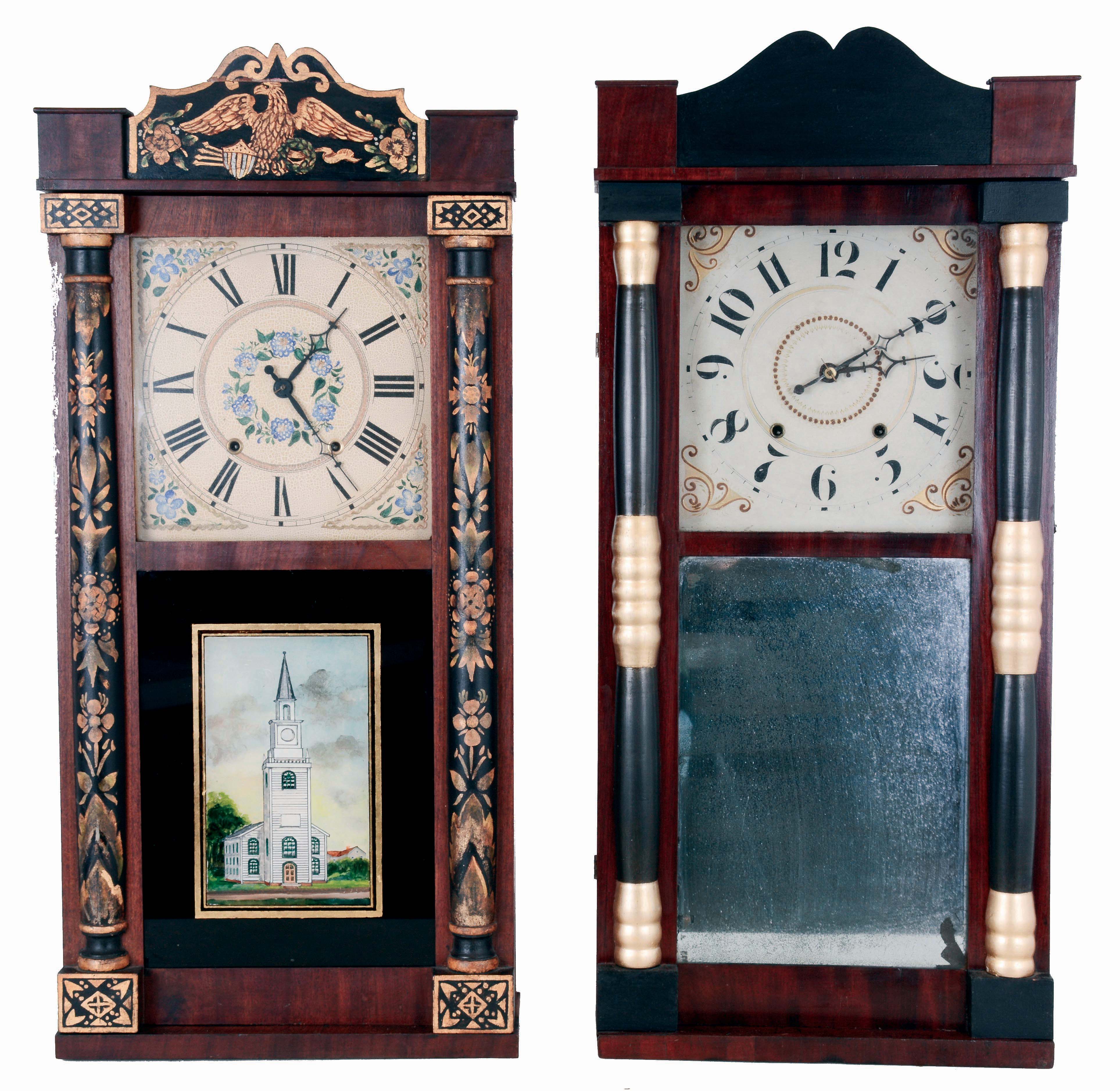 Clocks- 2 (Two) American: (1) Seth Thomas, 30 hours, time and strike, weight driven wood movement half column & splat shelf clock, c1830. (2) Burr & Chittenden, 30 hours, time and strike, weight driven wood movement half column & splat shelf clock, c1835. — Antique Clocks Price Guide