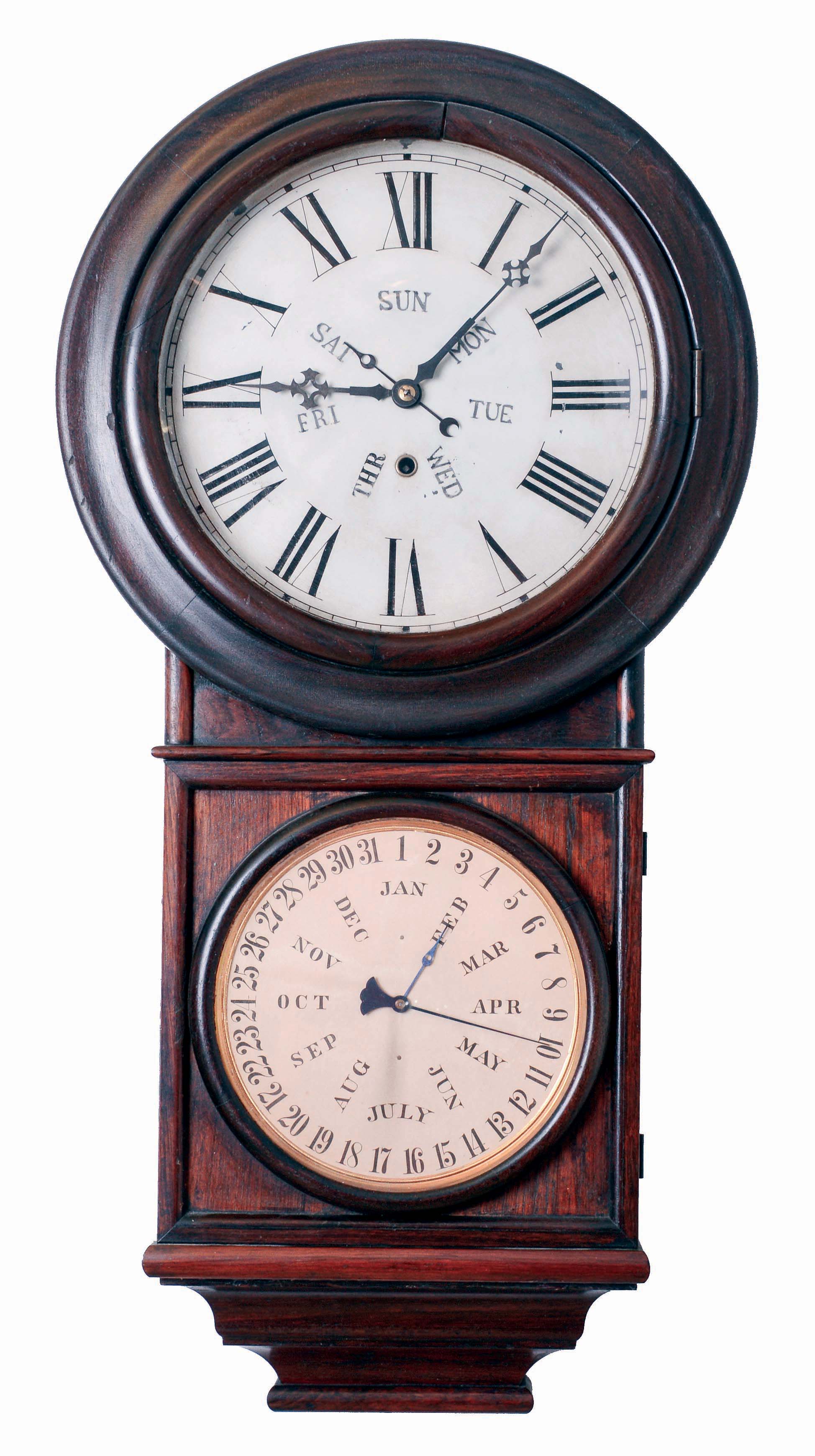 Welch, Spring & Co., Forestville, Conn., "Round Head Regulator No. 4", 8 days, spring driven brass movement, B. B. Lewis double dial calendar wall timepiece, c1878 — Antique Clocks Price Guide