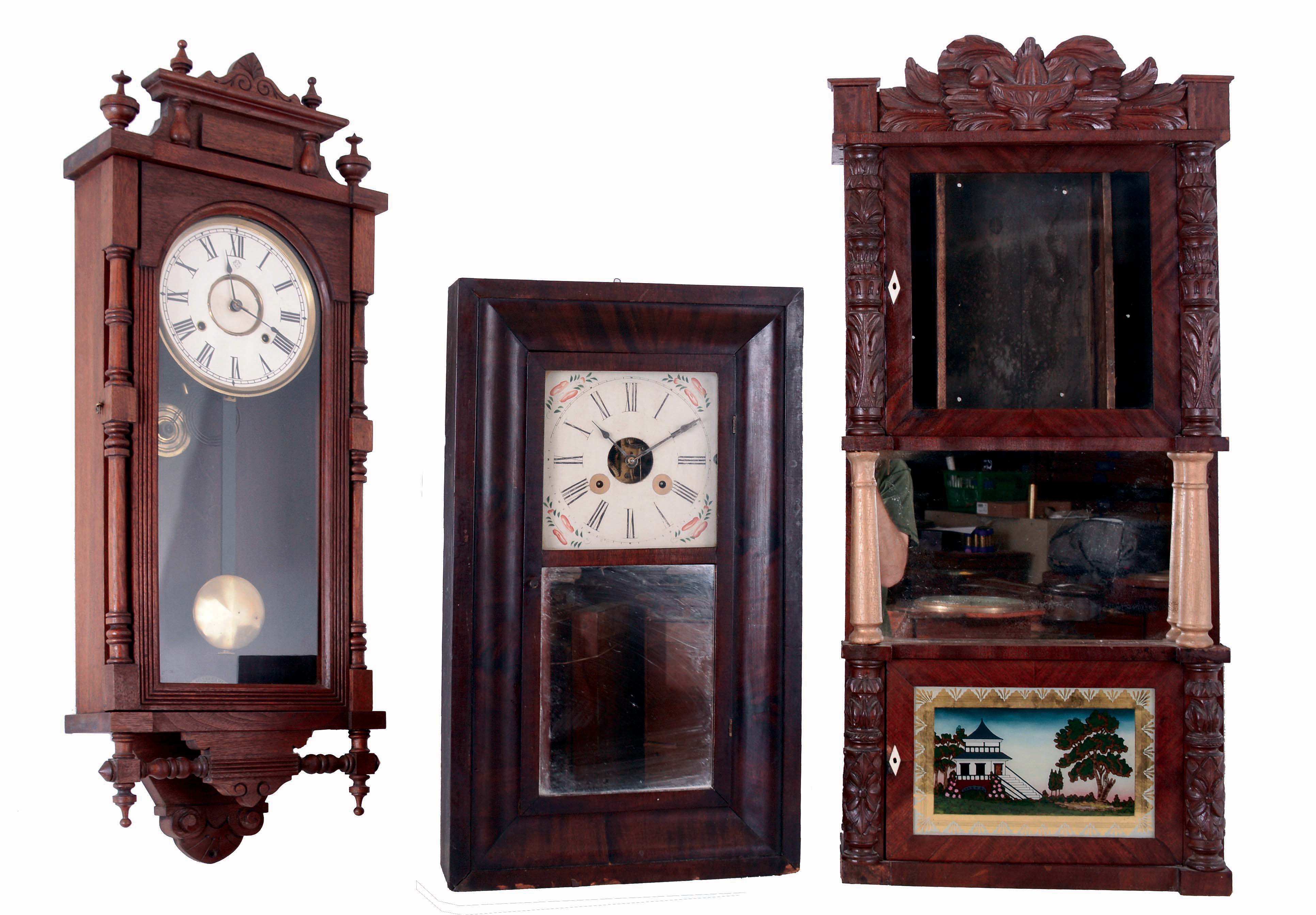 Clocks- 3 (Three): (1) Ansonia Clock Co., New York, NY, "Queen Elizabeth" wall clock in a walnut case with a spring driven, 8 days, time and strike movement, c1901. (2) Chauncey Boardman, Bristol, Conn. OG shelf clock in a mahogany case c1850 with a later Waterbury Clock Co spring driven, 8 days, time and strike movement. (3) Atkins & Downs for G. Mitchell and R. Atkins, Bristol, Ct., 8 days, wood movement triple decker (case only) with carved column, splat and paw feet, c1832. — Antique Clocks Price Guide