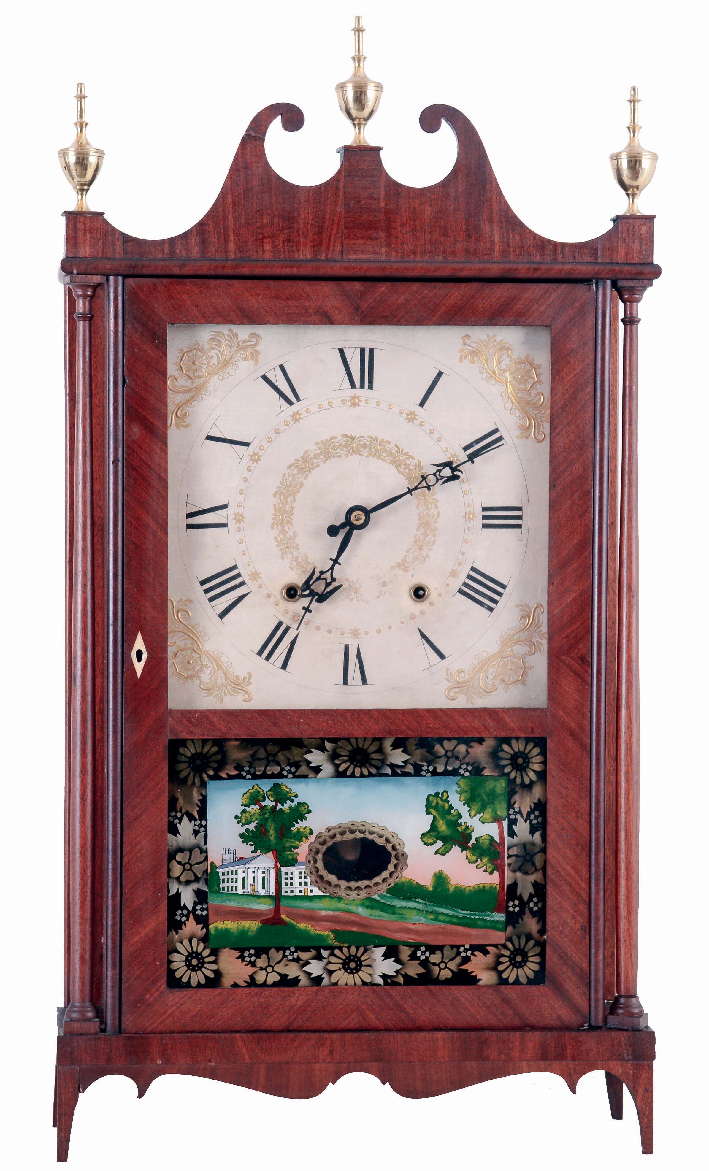 Ephraim Downs, Bristol, Conn.; 30 hours, time and strike, weight driven wood movement Pillar & Scroll shelf clock, c1825 — Antique Clocks Price Guide