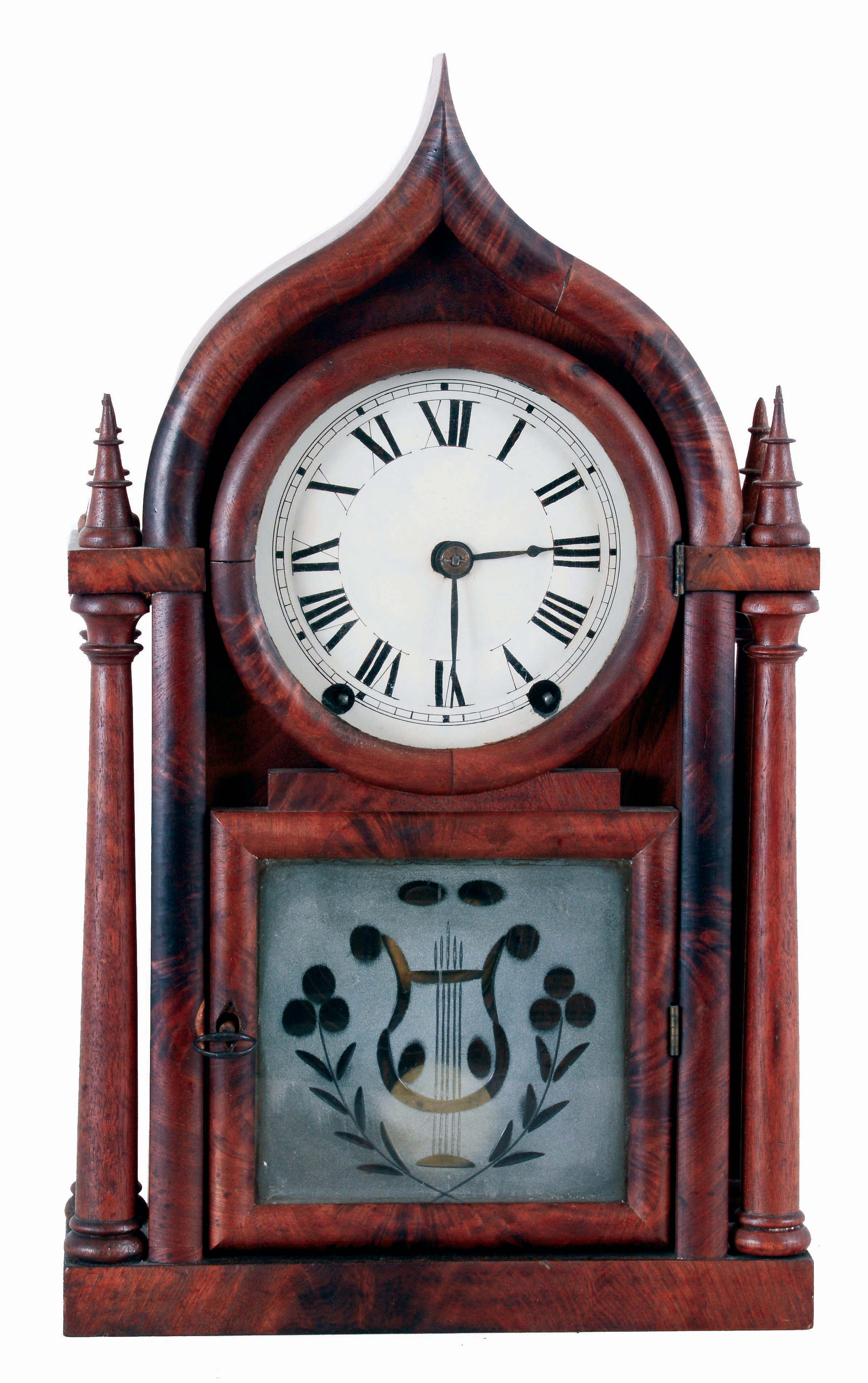 Brewster & Ingrahams, Bristol. Conn., 4 Column Ogee Gothic mahogany shelf clock with 8 days, brass spring driven movement with rack and snail strike, c1848, — Antique Clocks Price Guide