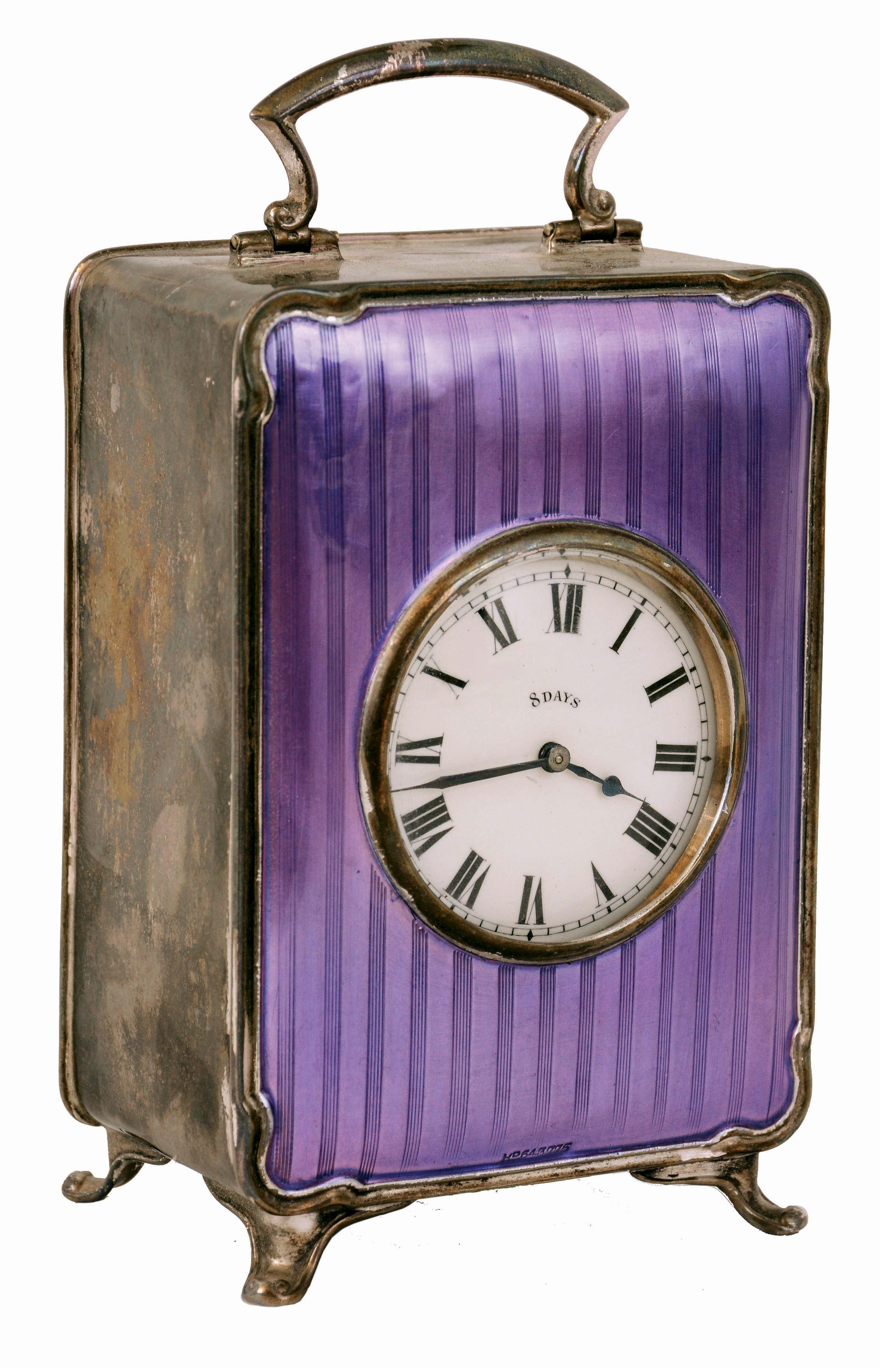 Travel Clock, sterling silver case with purple faux enamel front, case with Birmingham hallmark and date letter for the year 1916, Roman numeral white enamel dial, blued steel hands, 8 days timepiece movement — Antique Clocks Price Guide
