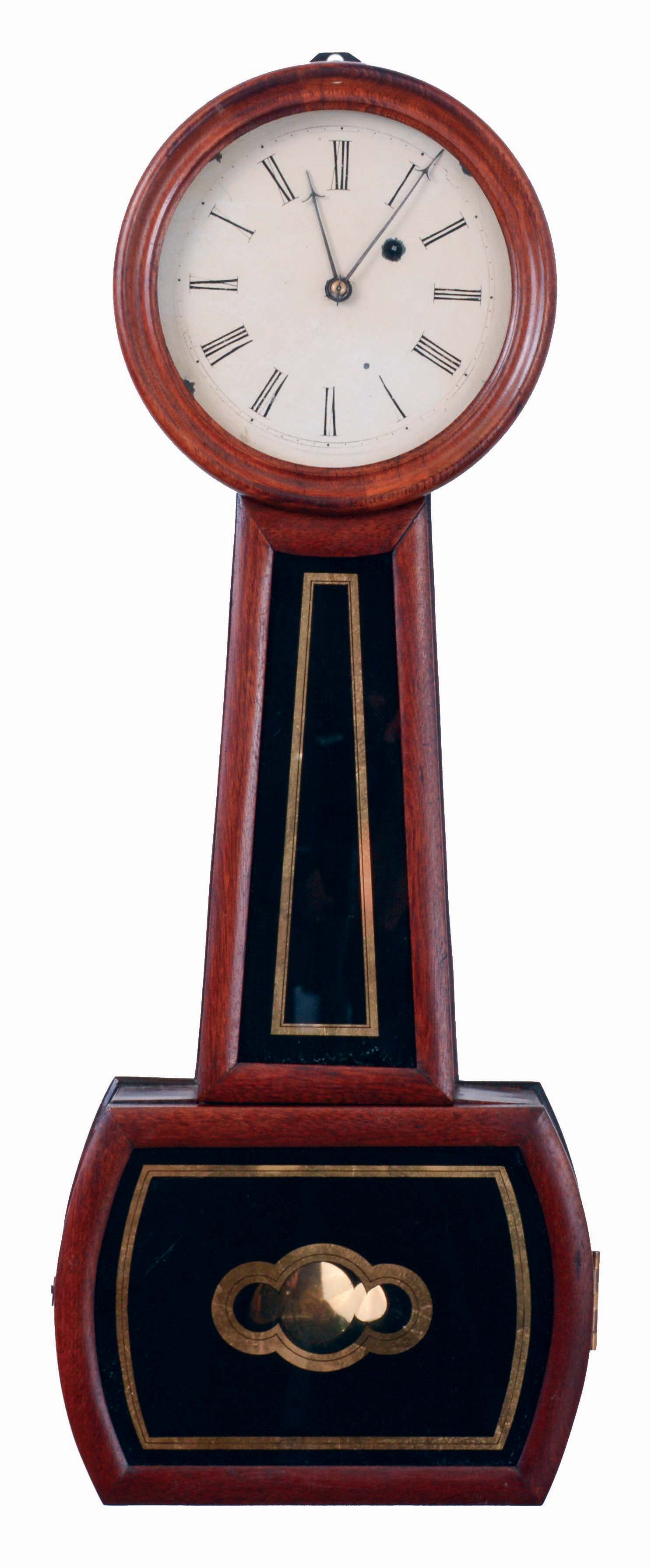 Boston area banjo in the E. Howard style, mahogany case with convex molded frames, turned wooden bezel, Roman numeral white painted zinc dial, blued steel barbed hands, 8 days, weight driven timepiece movement, c1850 — Antique Clocks Price Guide