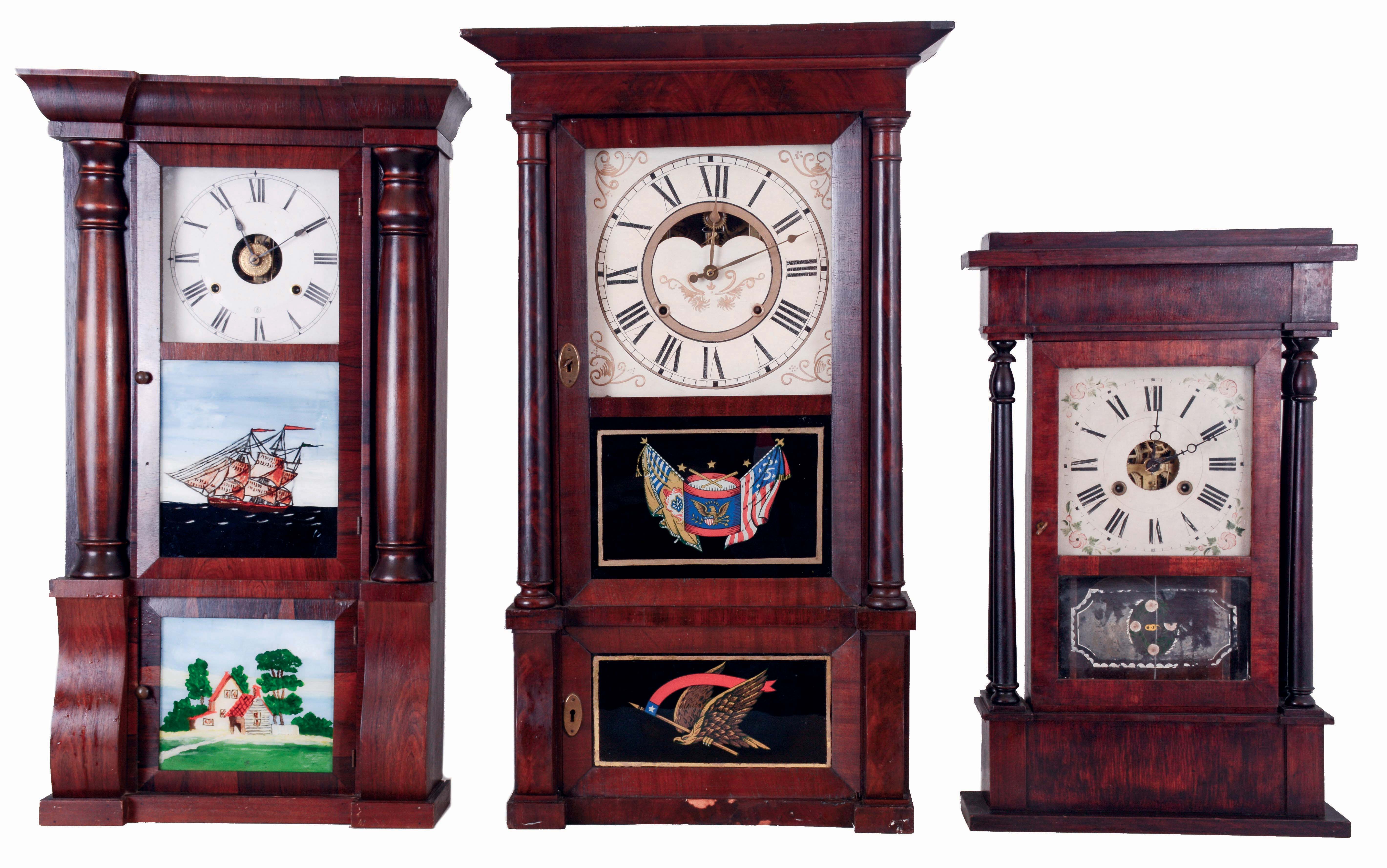 Clocks- 3 (Three) American: (1) Seth Thomas, 8 days, time and strike, with detached alarm, weight driven brass movement Column & Cornice shelf clock, c1875. (2) William S. Johnson? (or other New York City retailer), 30 hours, time and strike, weight driven brass movement 4-column shelf clock, c1845. (3) Birge, Mallory & Co., 8 days, time and strike, weight driven strap brass movement, Column & Cornice shelf clock, c1845. — Antique Clocks Price Guide