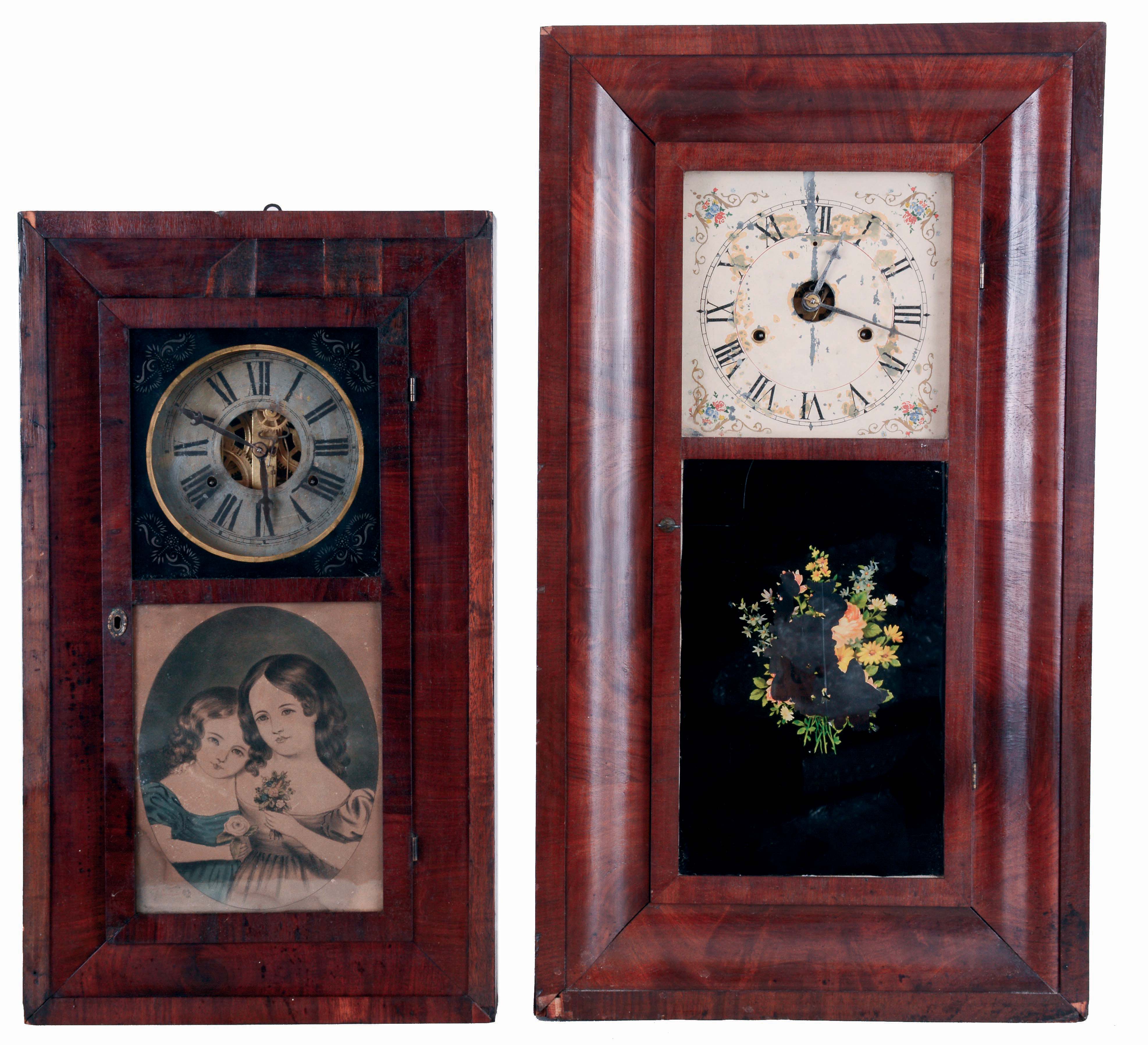 Clocks- 3 (Three) American: (1) Forestville Mfg. Co., 8 days, OG shelf clock case, c1845 (now with 30 hours, time and strike, weight driven brass movement); (2) Jeromes, Gilbert, Grant & Co., 30 hours, time and strike, weight driven brass movement bevel case shelf clock, c1839; (3) American Clock Co., New York, 8 days, time and strike, spring driven brass movement painted iron front shelf clock, c1855 — Antique Clocks Price Guide