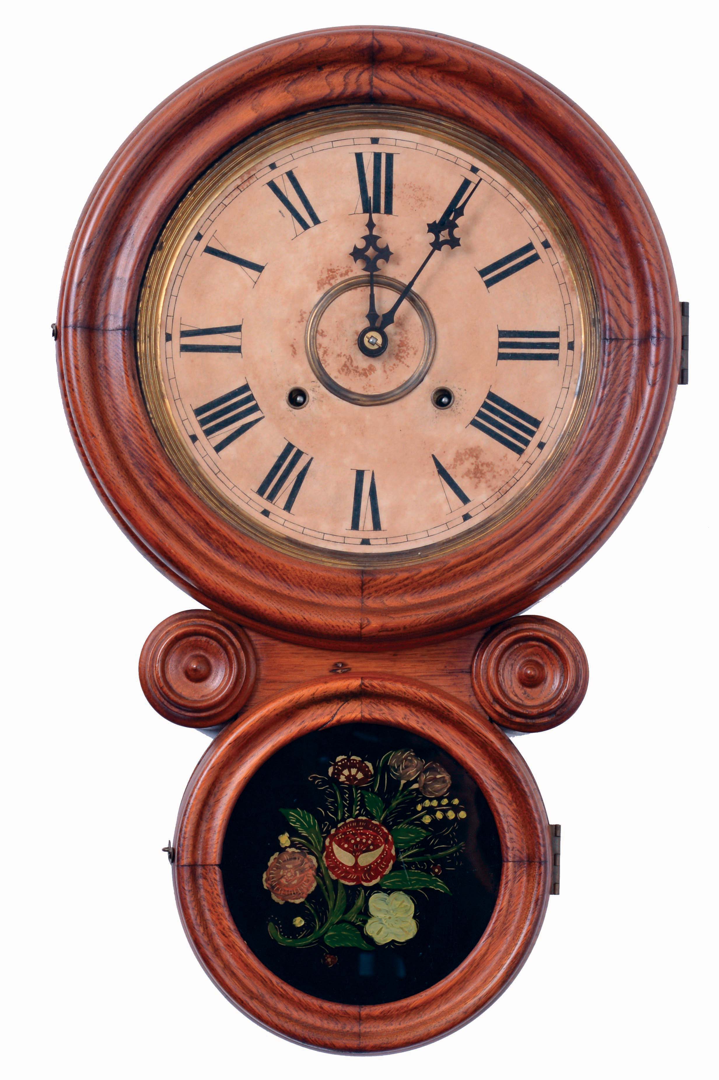 E. Ingraham & Co., Bristol, Conn., "Ionic", 8 days, time and strike, spring driven brass movement wall clock, c1895. — Antique Clocks Price Guide