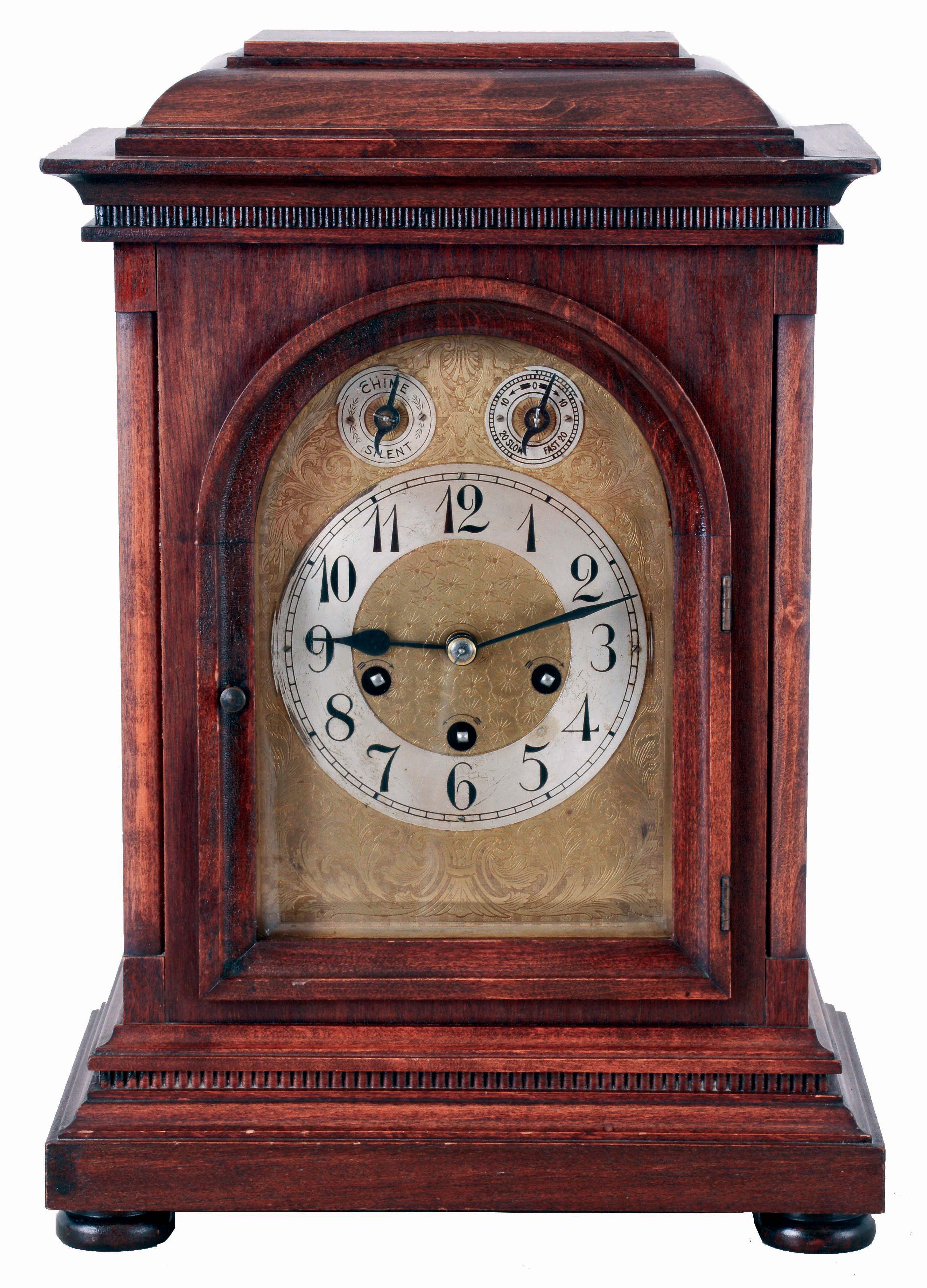 German, Junghans 8 days, time and strike, three train Westminster chime, spring driven brass movement bracket clock, c1910 — Antique Clocks Price Guide