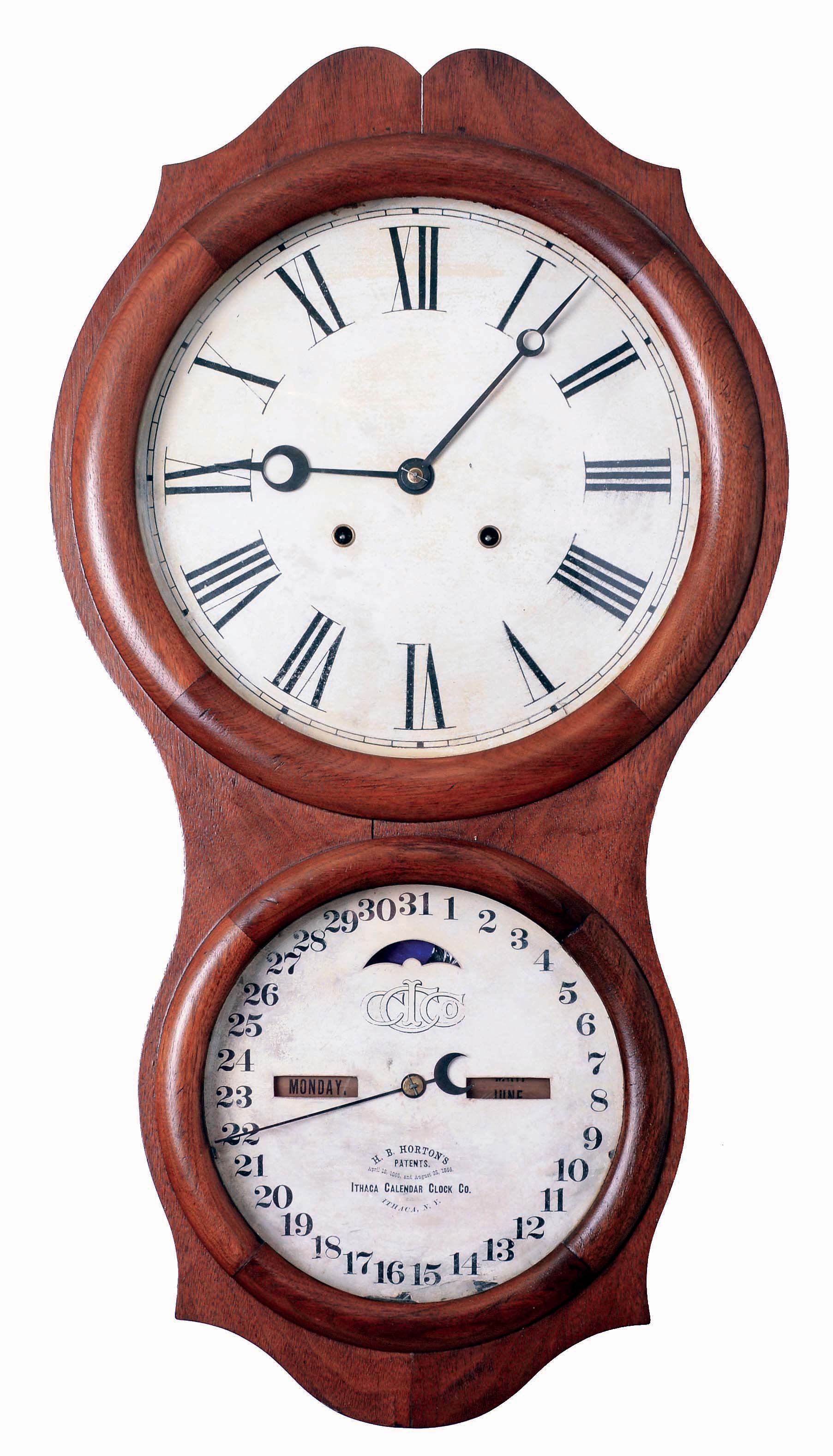 Ithaca Calendar Clock Co., Ithaca, NY, "No. 4 Hanging Office" walnut wall clock with Laporte Hubbell 30 day double spring timepiece, c1880. — Antique Clocks Price Guide
