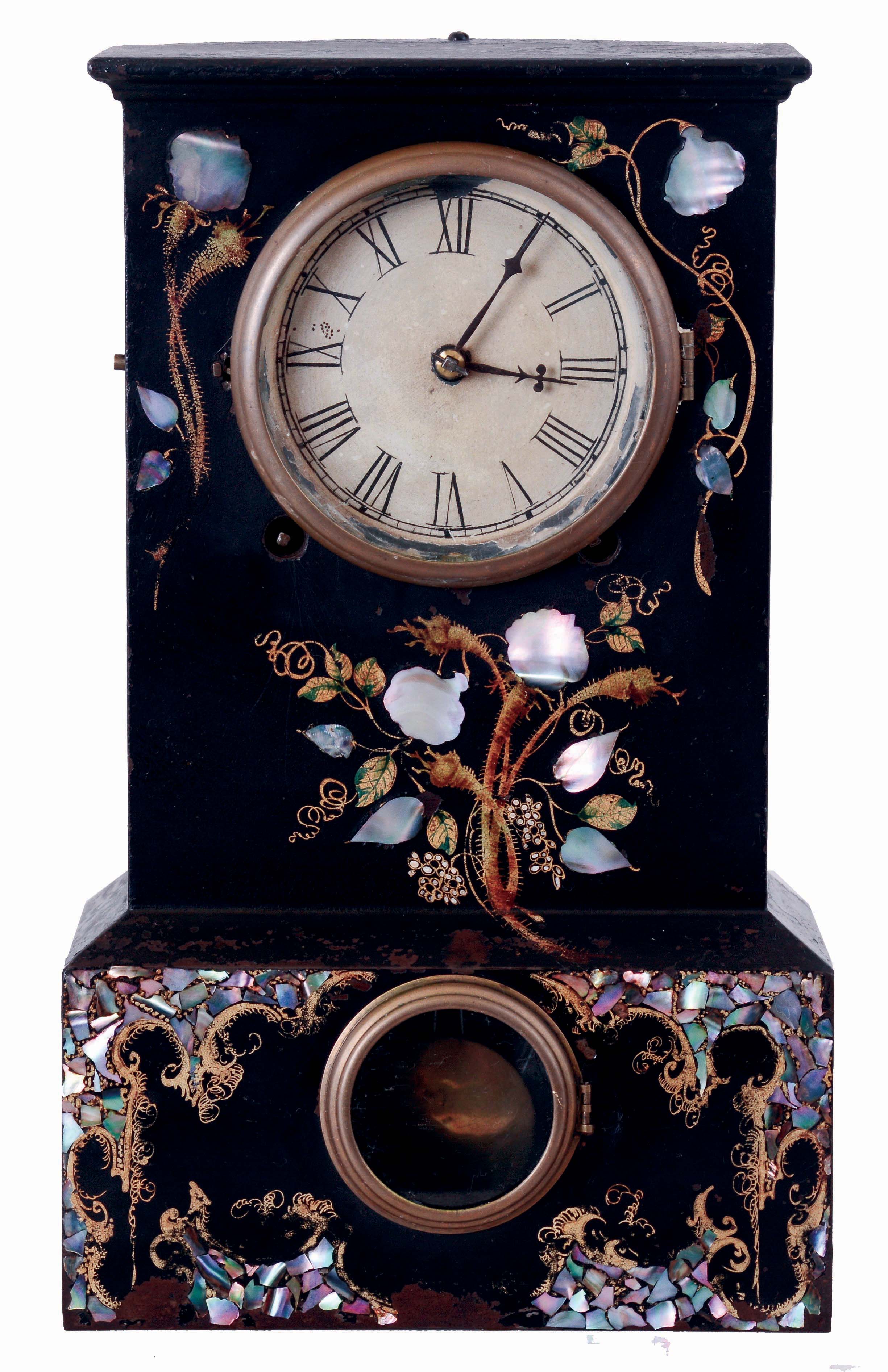 Terry & Andrews, Bristol Conn., iron-case mantel clock with M.O.P decoration and 8 days, time & strike movement, c1848. — Antique Clocks Price Guide