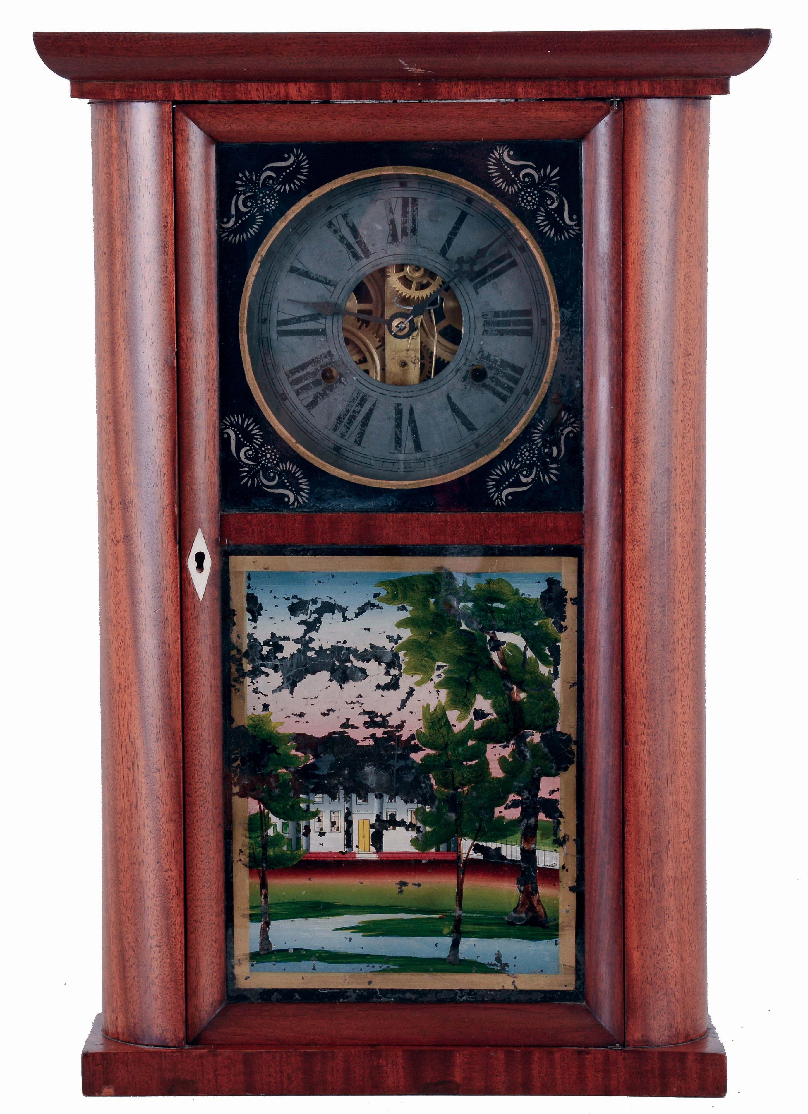 C. & N. Jerome, Bristol, Conn., mahogany round sided shelf clock with 30 hours, time and strike, brass weight driven movement, c1838. — Antique Clocks Price Guide