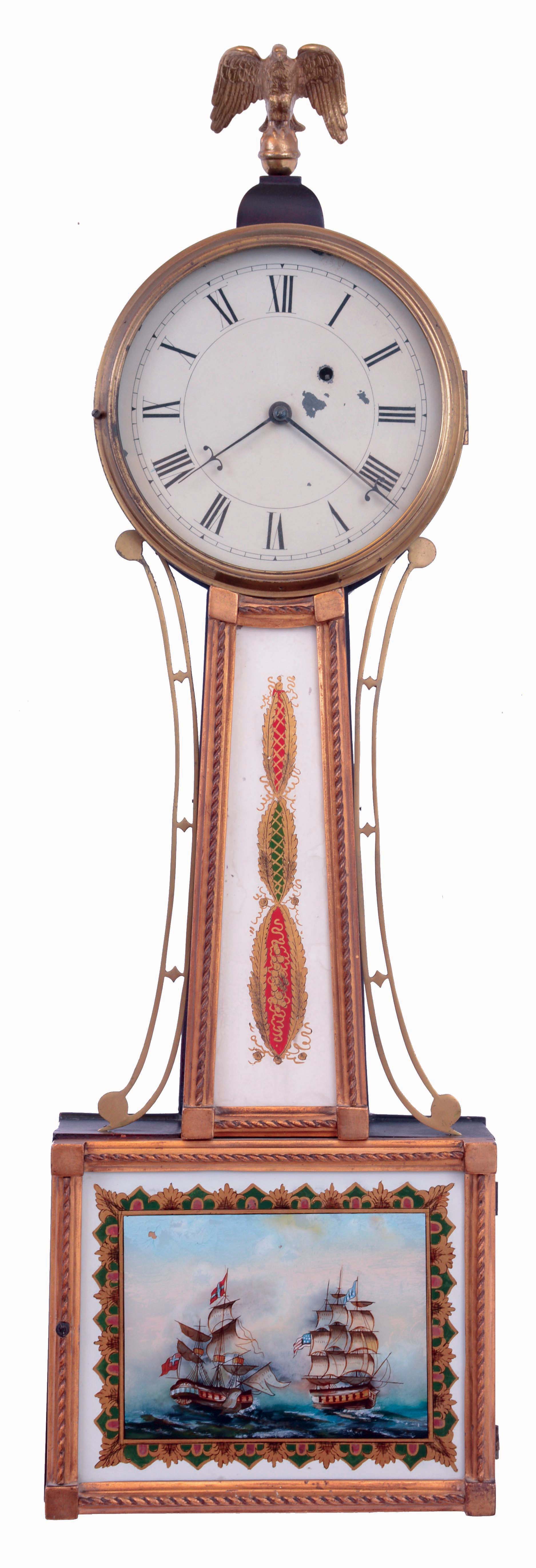 Massachusetts, unsigned 8 days weight driven brass movement banjo timepiece, c1825 The movement has characteristics of those made by Sawin & Dyar. — Antique Clocks Price Guide