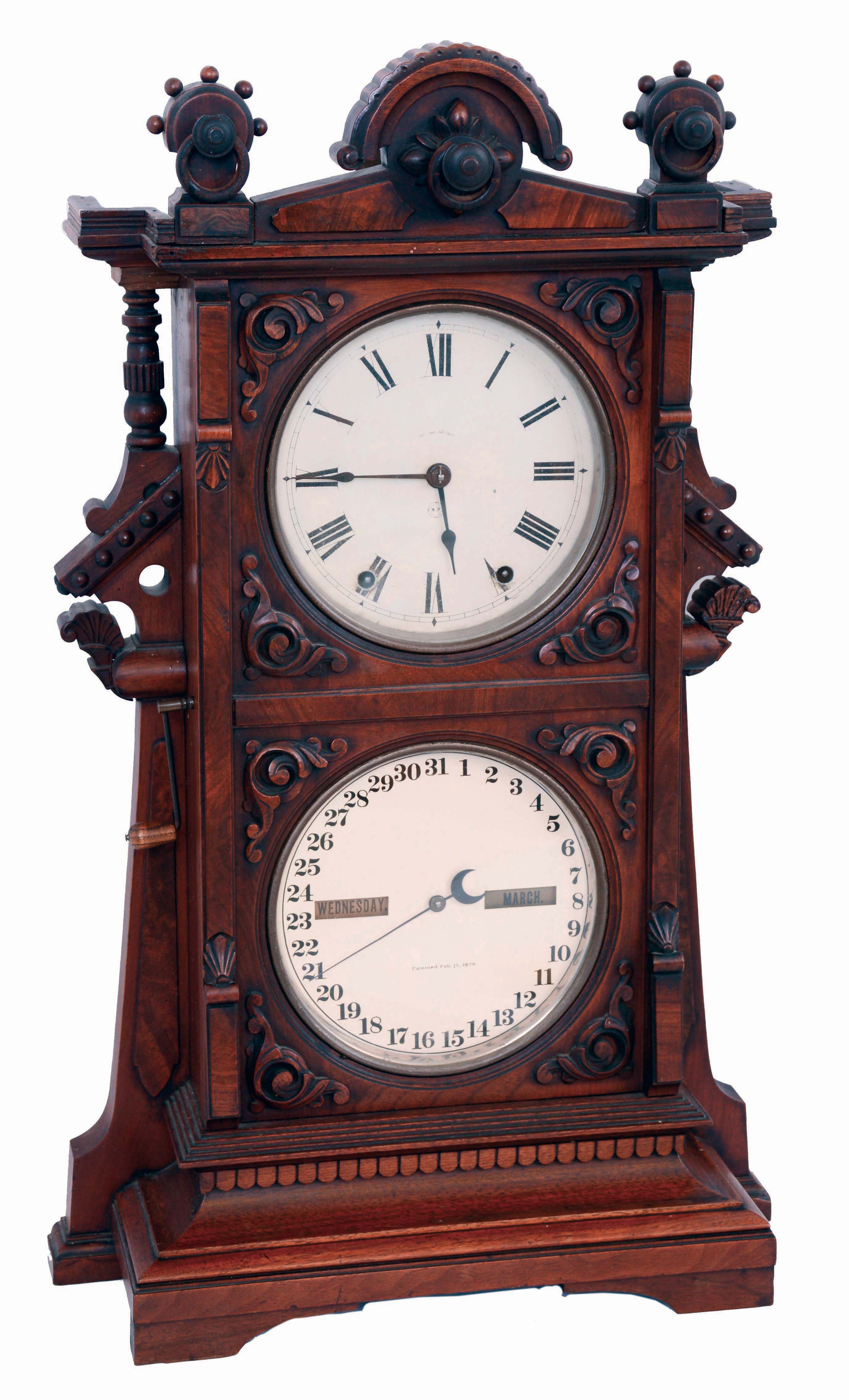 Seth Thomas Clock Co., Thomaston, Conn., "Parlor Calendar, No. 9", in walnut with burled and carved accents, 8 days, time and gong strike, c1885 — Antique Clocks Price Guide