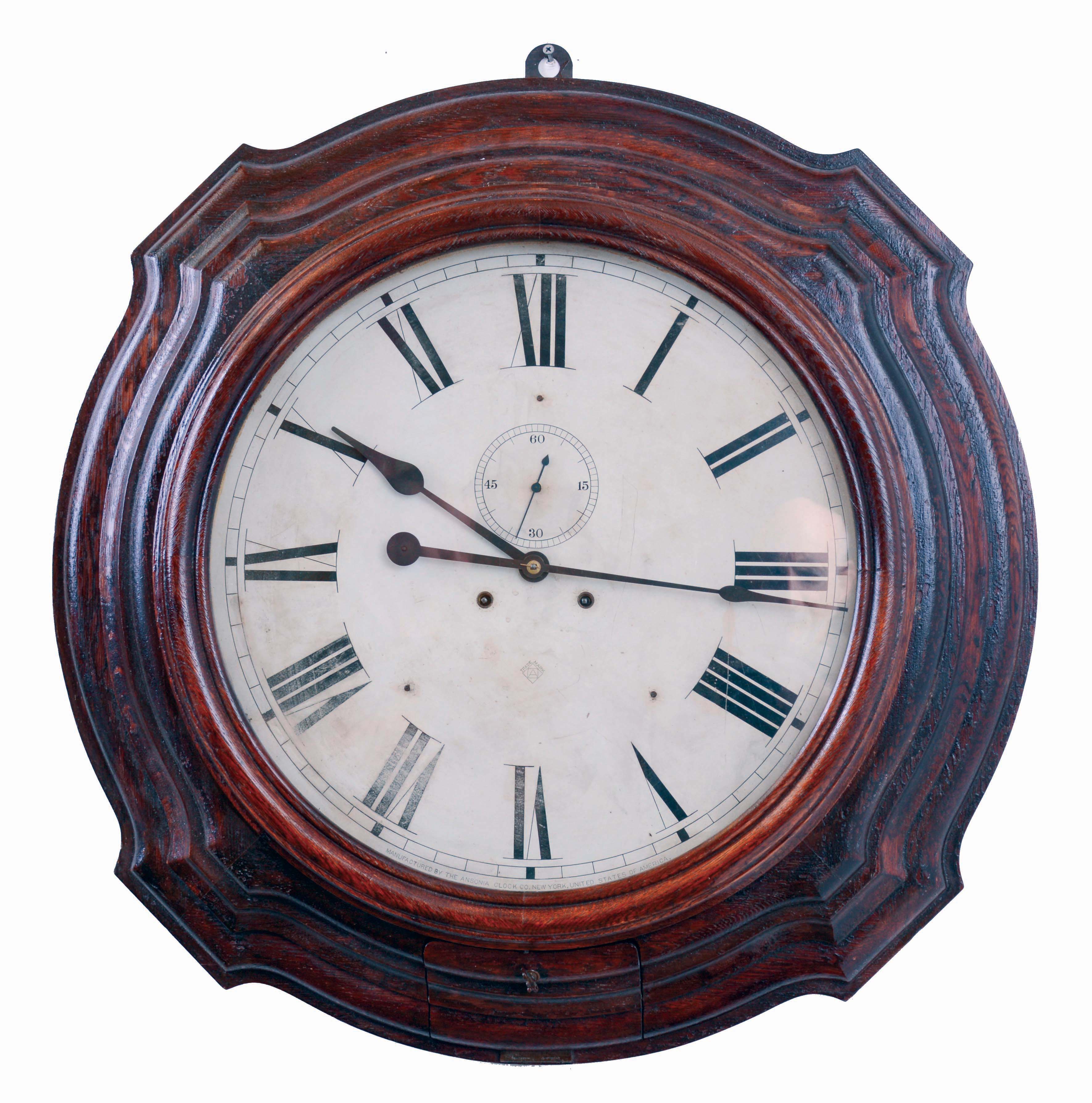 Ansonia Clock Co., New York, NY, "Gallery" oak, 8 days, twin spring time only wall clock, c1904 — Antique Clocks Price Guide