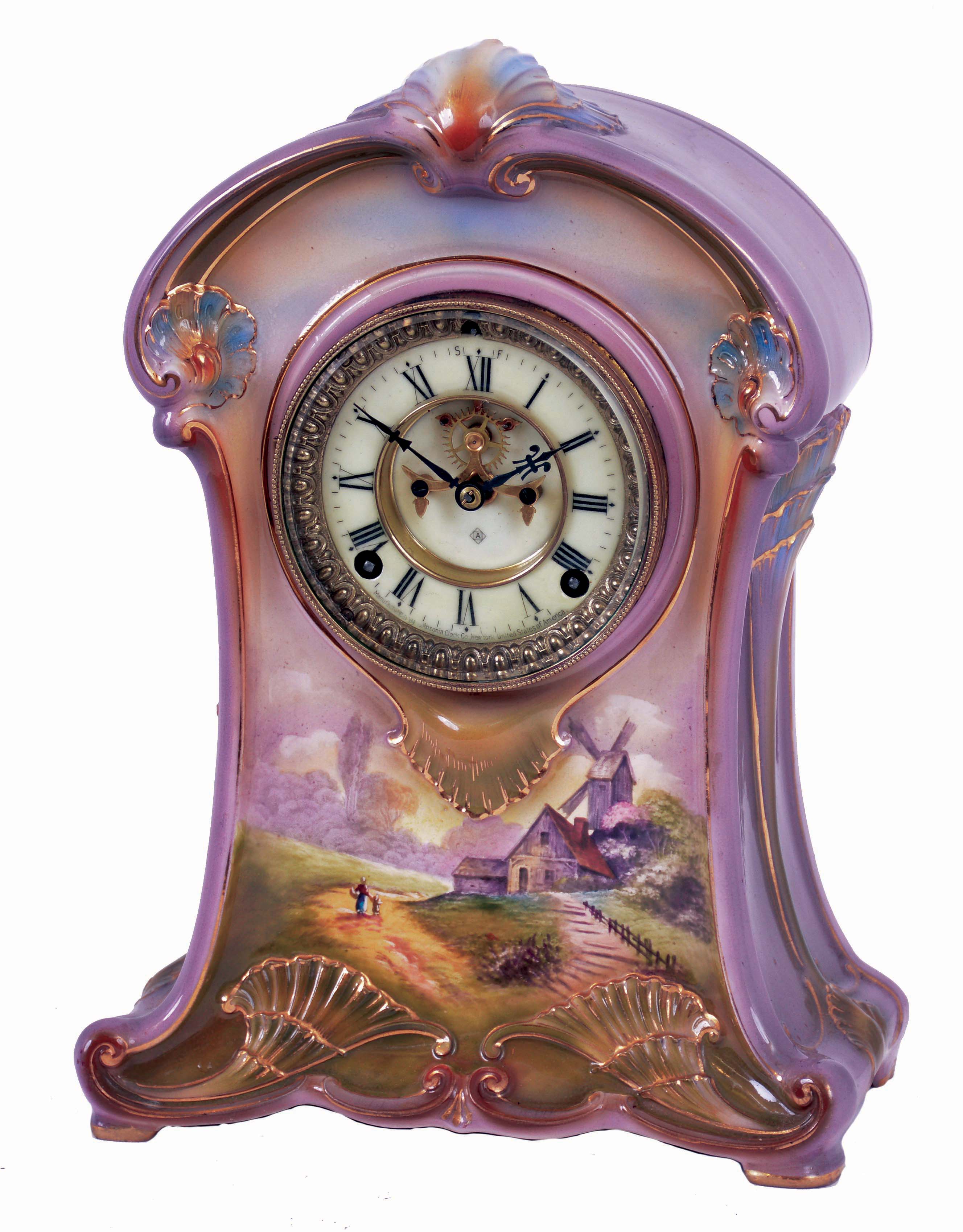 Ansonia Clock Co., New York, NY, "La Meuse", 8 days, time and strike porcelain mantel clock, visible escapement, c1914 — Antique Clocks Price Guide
