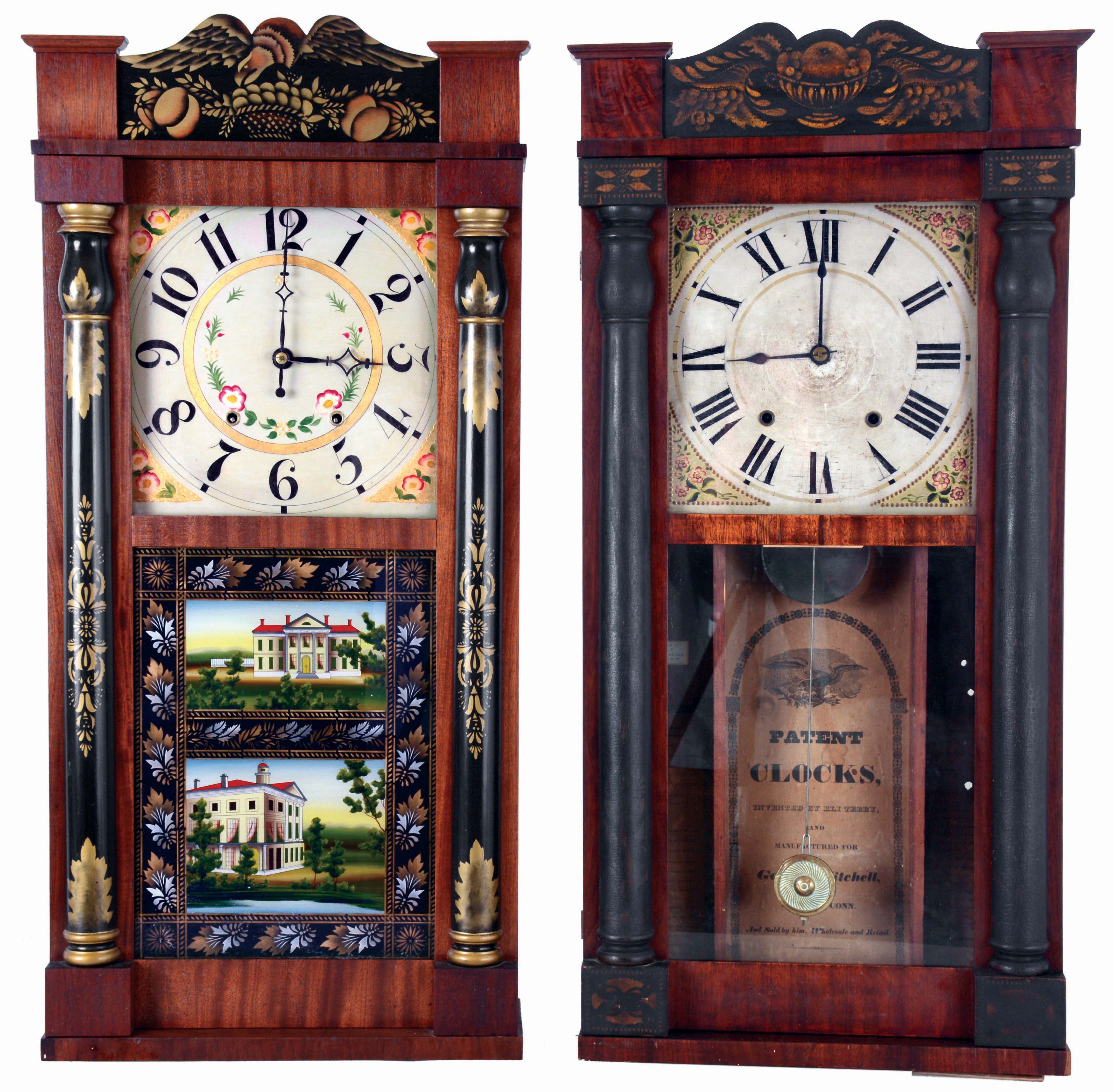 Clocks- 2 (Two):American: (1) George Mitchell, 30 hours, time and strike weight driven wood movement half column & splat shelf clock; (2) George Mitchell, 30 hours, time and strike weight driven wood movement half column & splat shelf clock, both earlier style cases with columns on sash, c1830. — Antique Clocks Price Guide