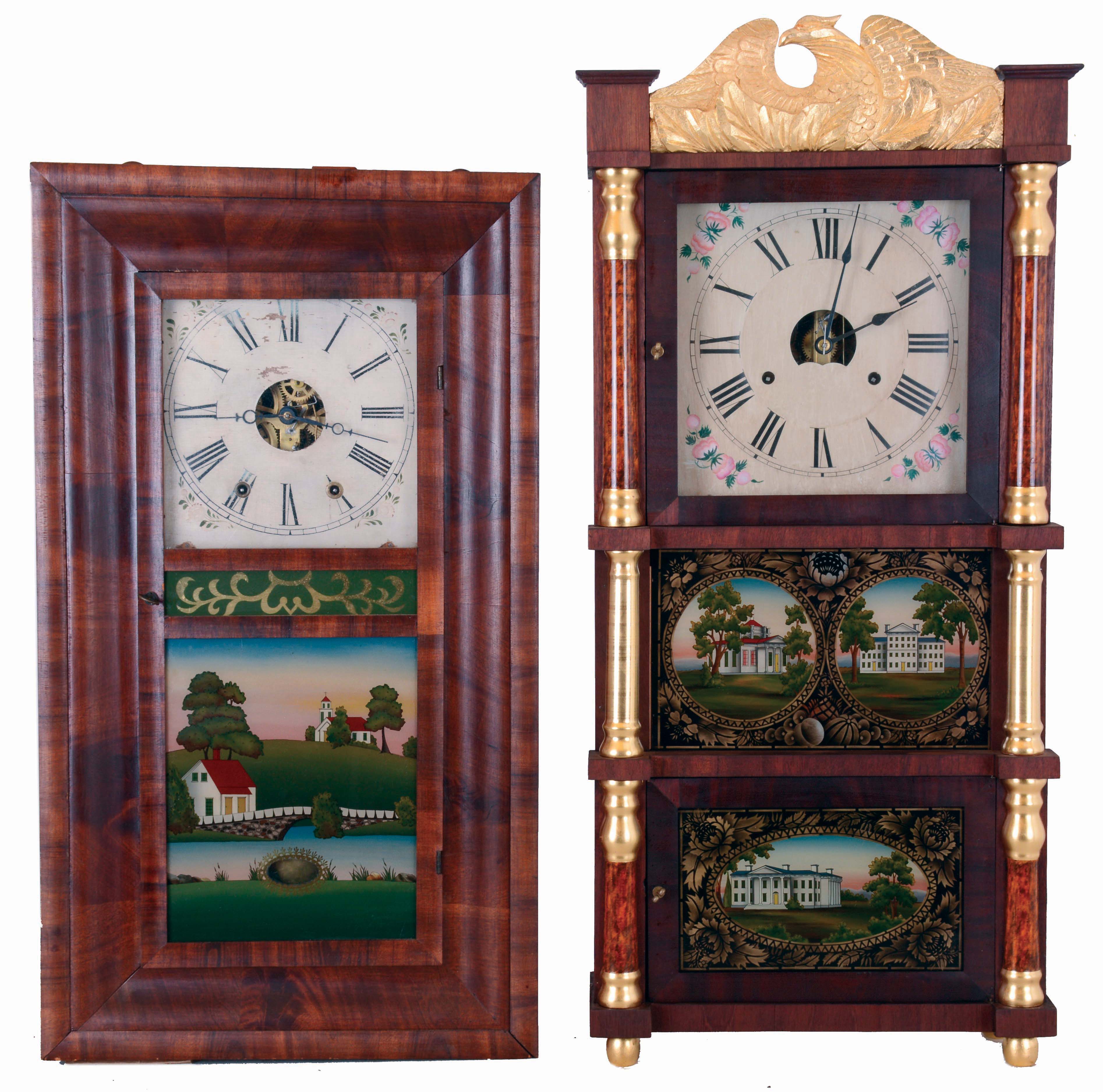 Clocks- 2 (Two) American: (1) Chauncey Jerome, 8 days, time and strike, weight driven brass movement OOG shelf clock, c1850; (2) Birge, Peck & Co., 8 days, time and strike, weight driven brass movement triple decker shelf clock, c1849. — Antique Clocks Price Guide