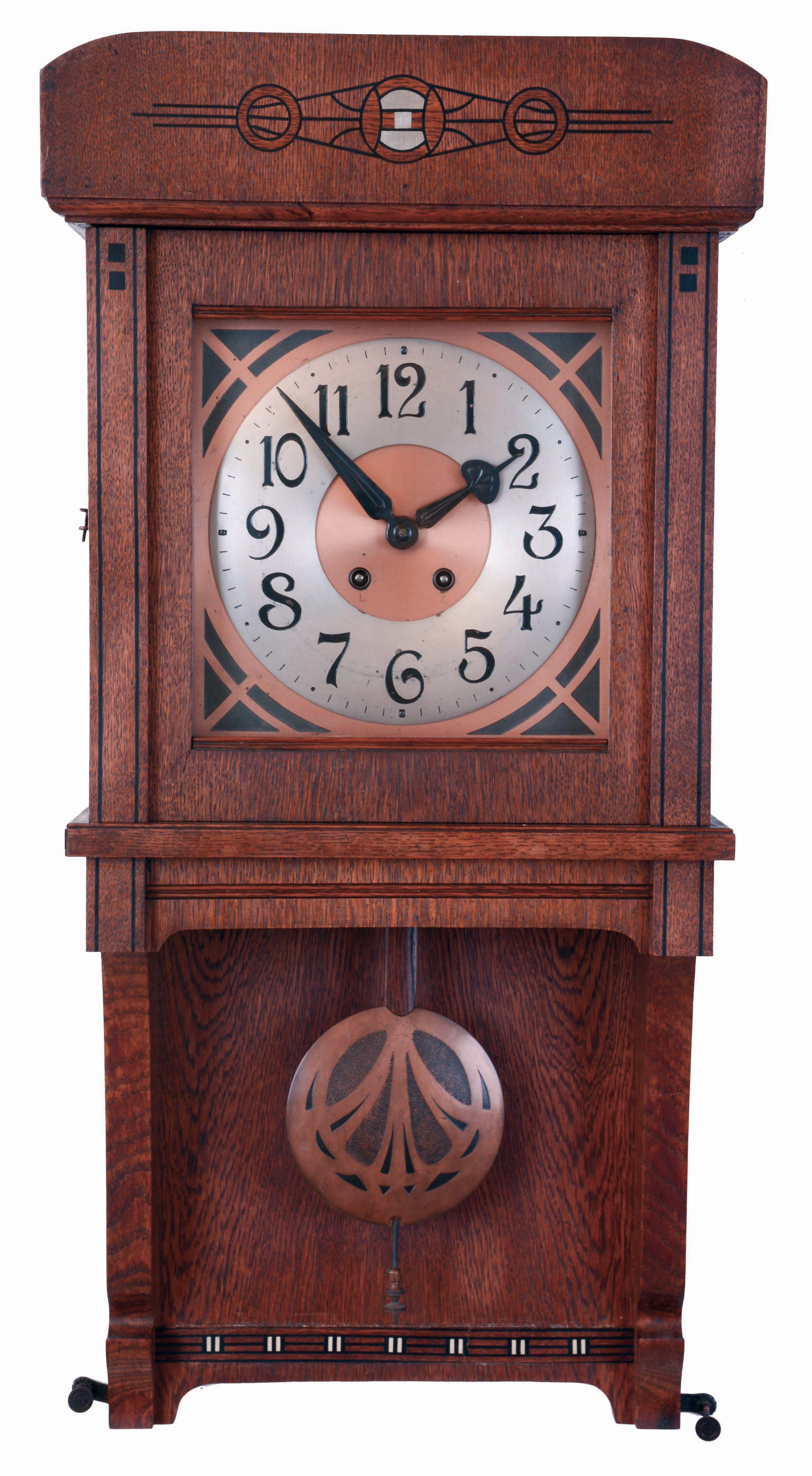 Lenzkirch, Germany, arts and crafts style wall clock, the rectilinear oak case with line and geometric ebony, pewter, ivory, and oak inlays, copper dial with applied, Arabic numeral chapter ring, stamped steel hands, 8 days, time and strike movement with decorated copper pendulum, case back with oval Lenzkirch stamp, serial #1,531,076, c1905 — Antique Clocks Price Guide