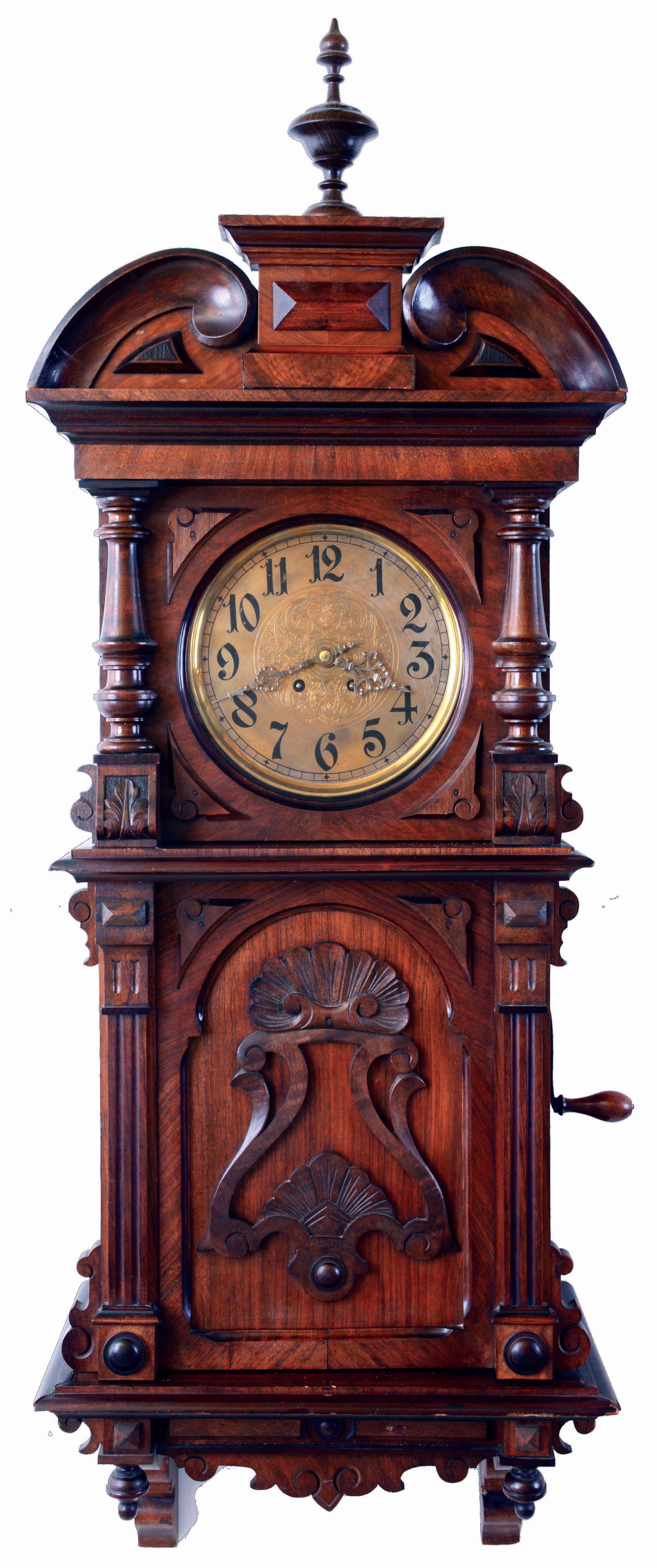 Lenzkirch, Germany, Symphonion, Musical Clock, style 25R, playing 30 cm disc, on the hour or at will, with sublime harmony double comb set, in a walnut wall case with turned drops, The time movements for these musical clocks were special ordered from Lenzkirch, with an added lever that rises and falls on the hour to actuate the music. Lenz serial # 927195, c1895 — Antique Clocks Price Guide