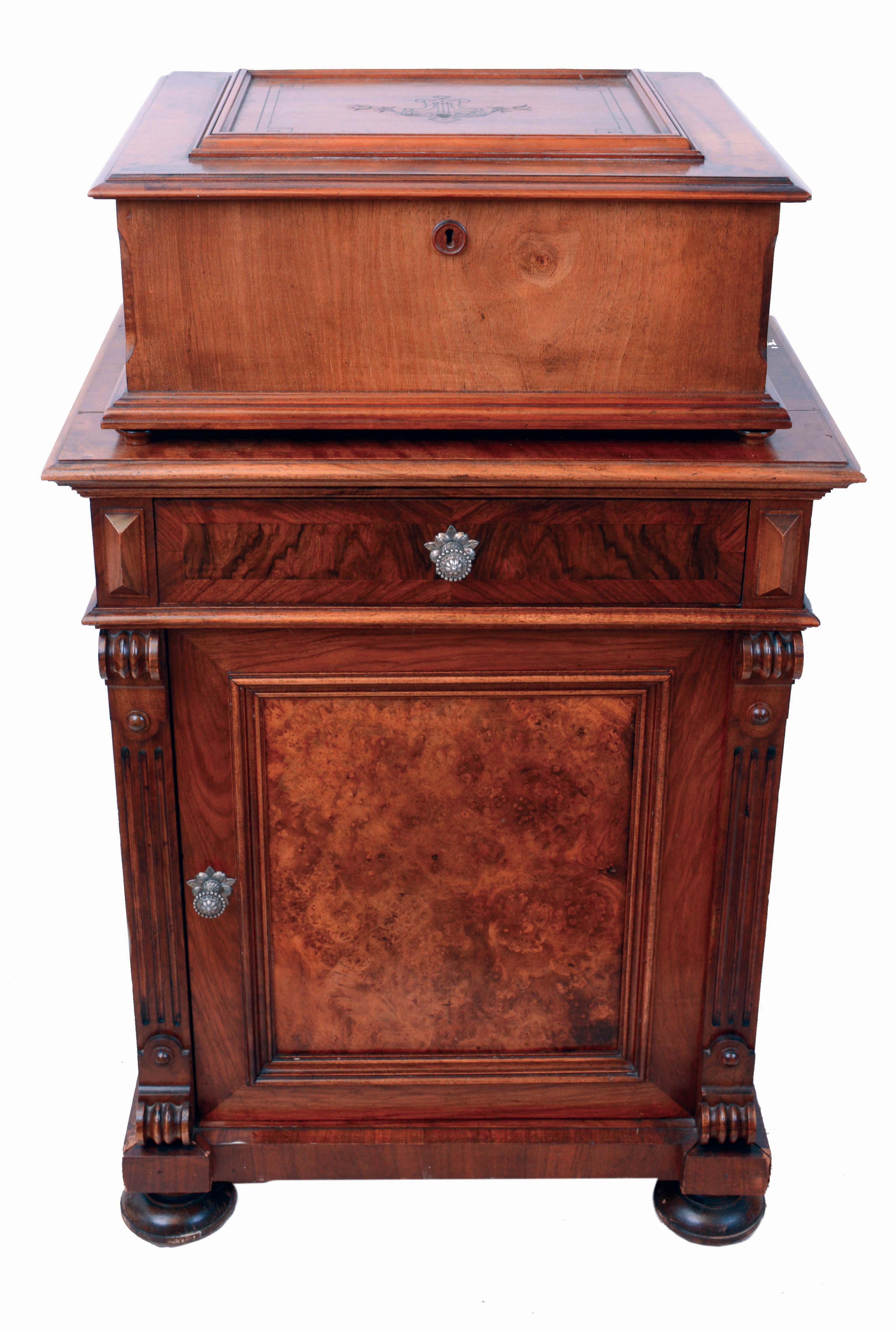 Polyphon, Leipzig, Germany 15 1/2" disc player in hardwood case, with associated larger cabinet with six drawers containing many additional discs, c1900 — Antique Clocks Price Guide