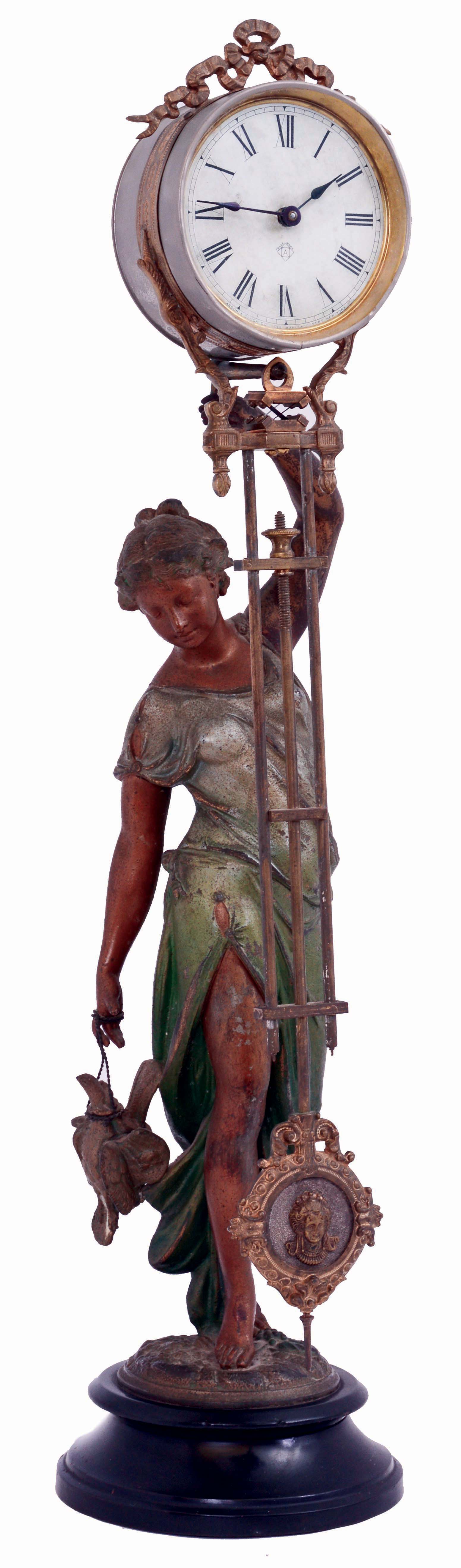 Ansonia, "Huntress" model swinging arm mystery clock, canister style arm, c1893, with restorations, and later statue. — Antique Clocks Price Guide