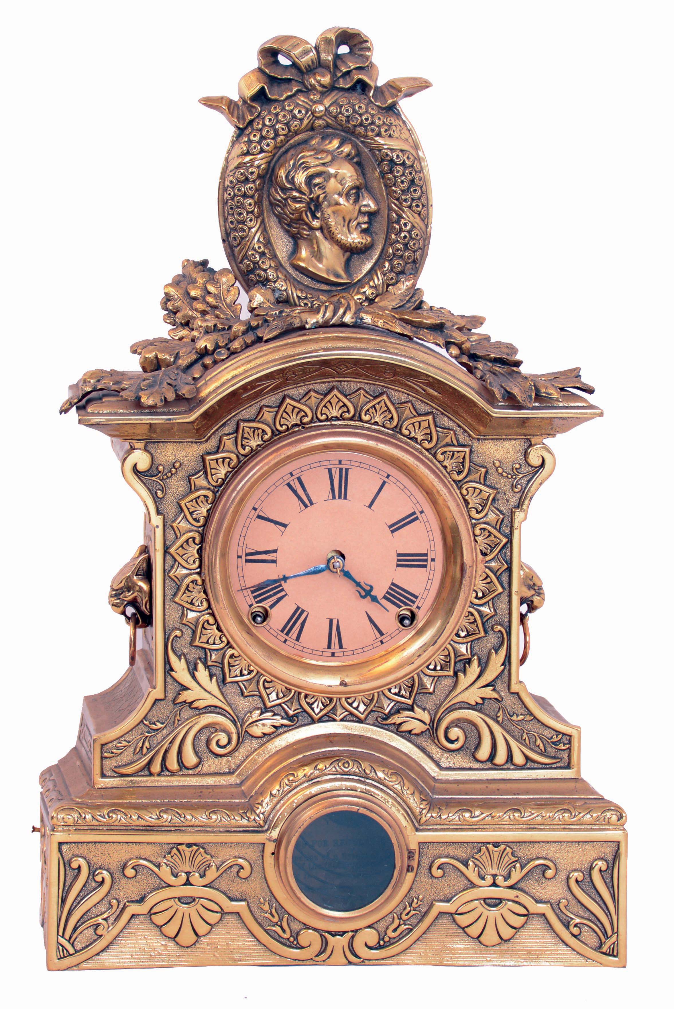 Nicholas Muller, New York, with Pomeroy, 8 days, time and strike movement, cast metal Abraham Lincoln memorial mantel clock, c1870 — Antique Clocks Price Guide