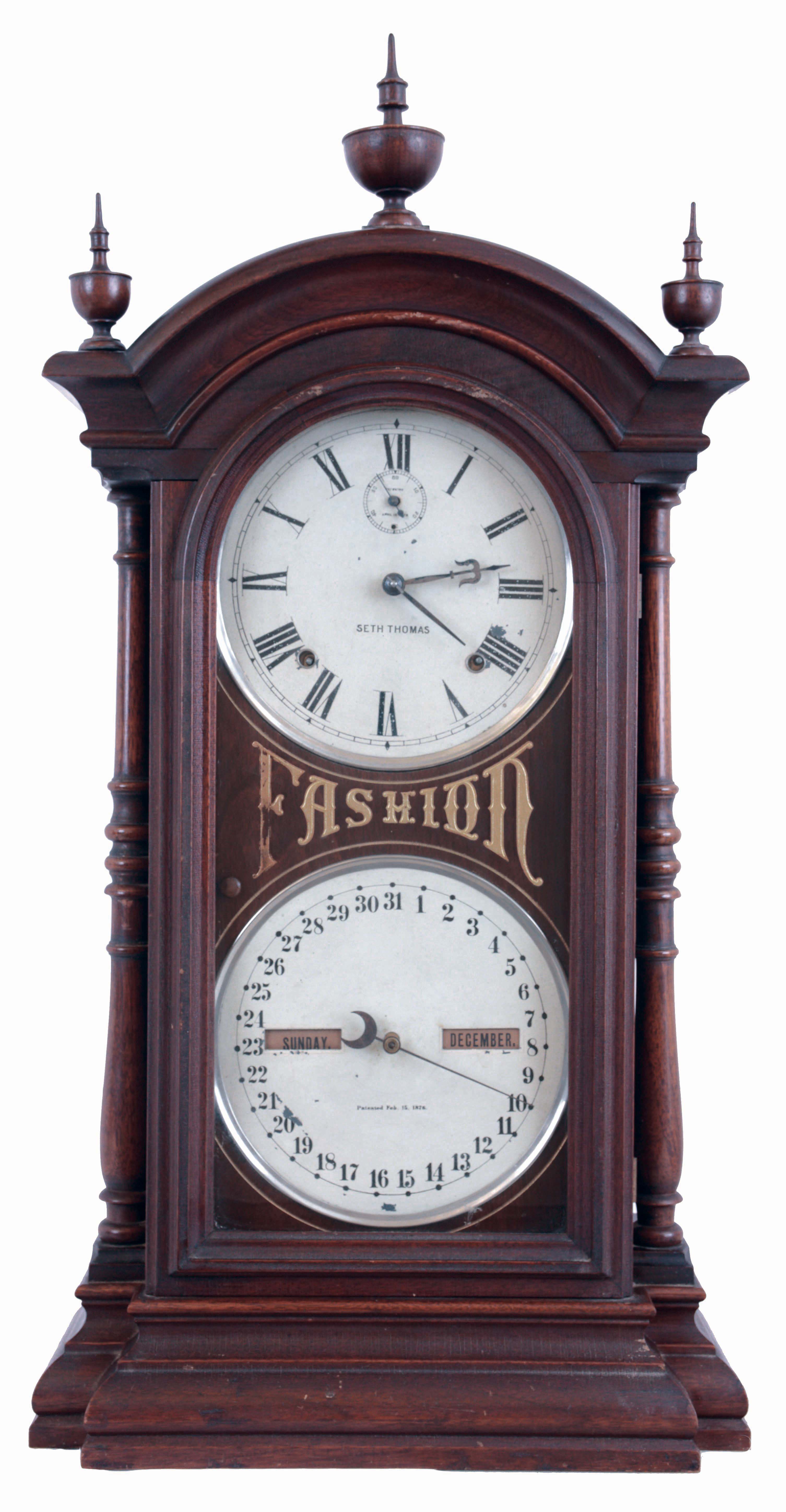 Seth Thomas Clock Co., Thomaston, Conn., "Fashion No. 8", 8 days, time and strike spring driven brass movement double dial calendar clock, c1880 — Antique Clocks Price Guide