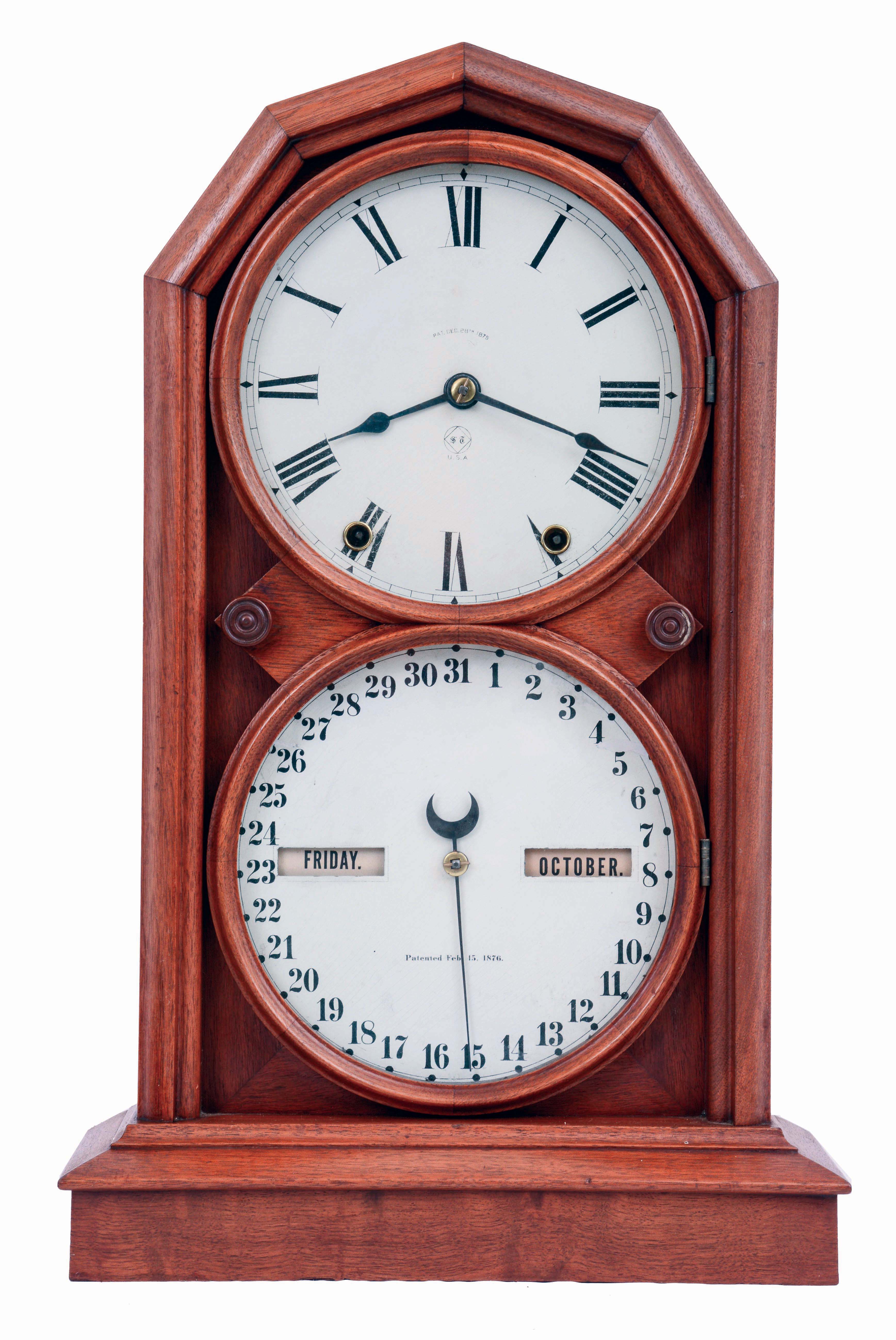 Seth Thomas Clock Co., Thomaston, Conn., "Parlor Calendar No. 5", 8 days, time and strike, spring driven brass movement double dial calendar clock, c1886 — Antique Clocks Price Guide