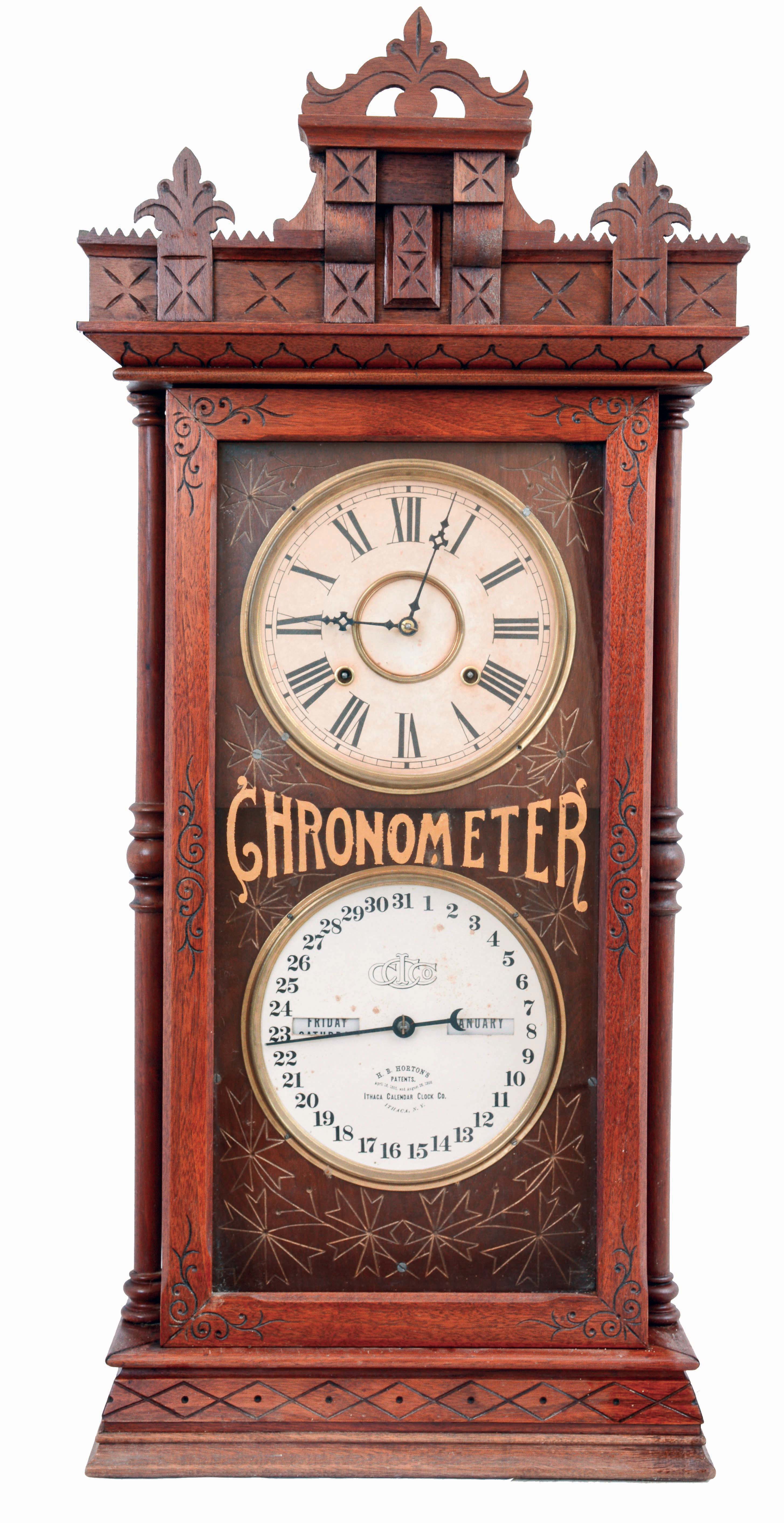 Ithaca Calendar Clock Co., Ithaca, NY, "Chronometer", 8 days, time and strike, spring driven brass movement double dial calendar clock, c1880 — Antique Clocks Price Guide